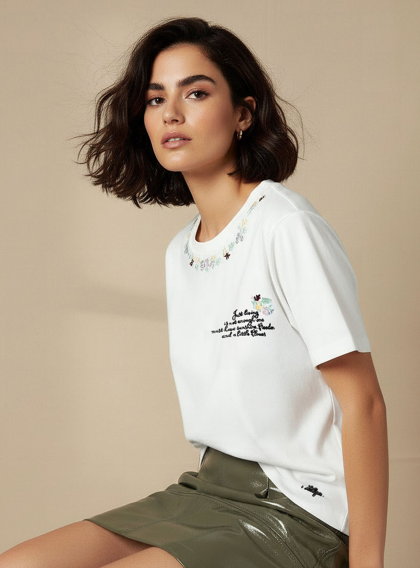 Lee Cooper Cotton T-shirt with Floral Slogan Embroidery-women-clothing-tshirts-image-1
