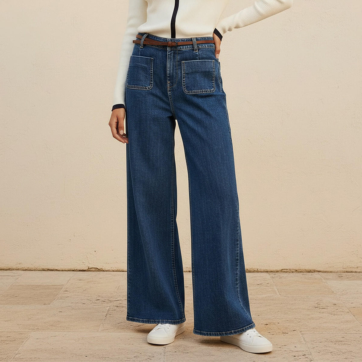 بنطلون جينز قطن واسع الساق مع حزام من لي كوبر-women-clothing-bottoms-jeans-image-1