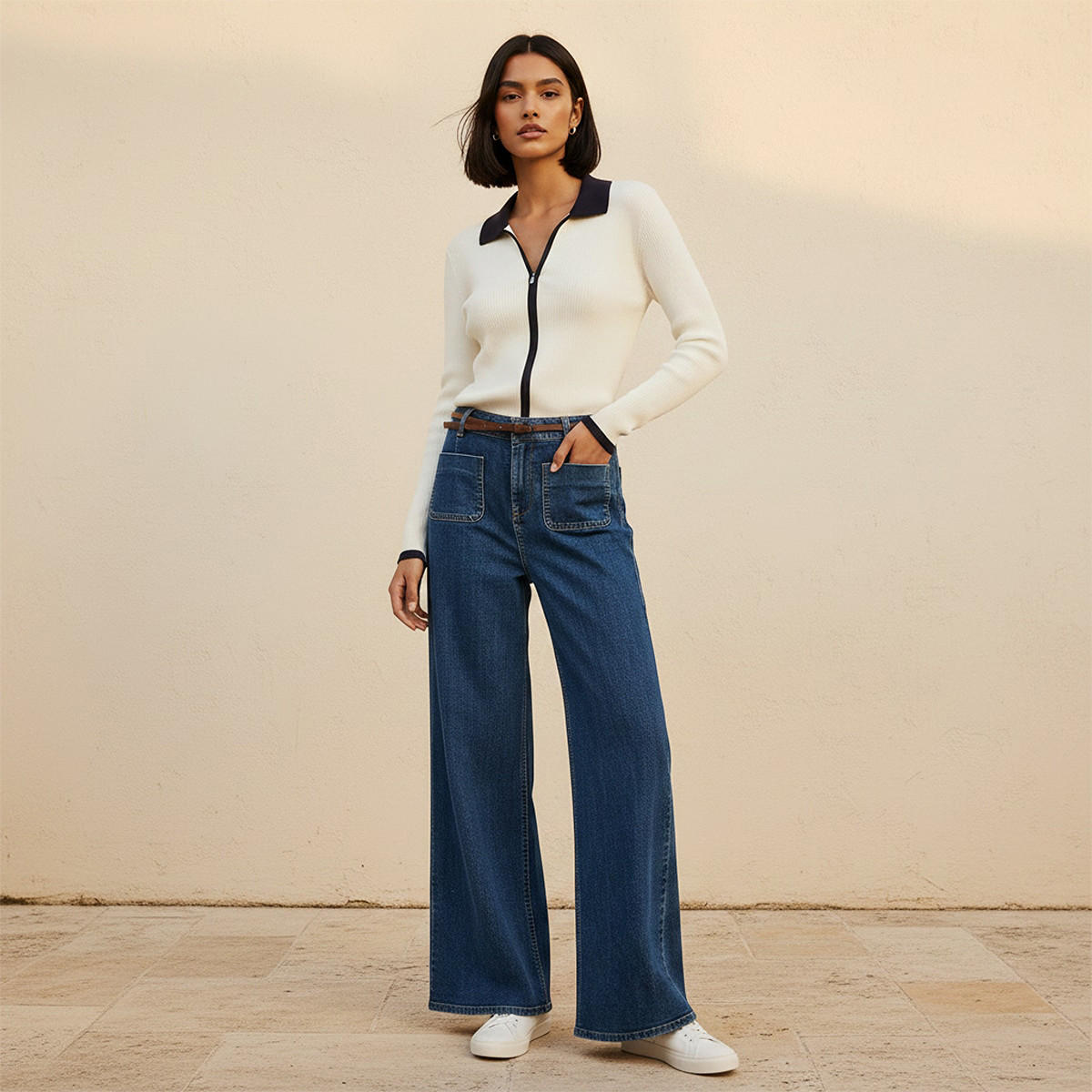 بنطلون جينز قطن واسع الساق مع حزام من لي كوبر-women-clothing-bottoms-jeans-image-3