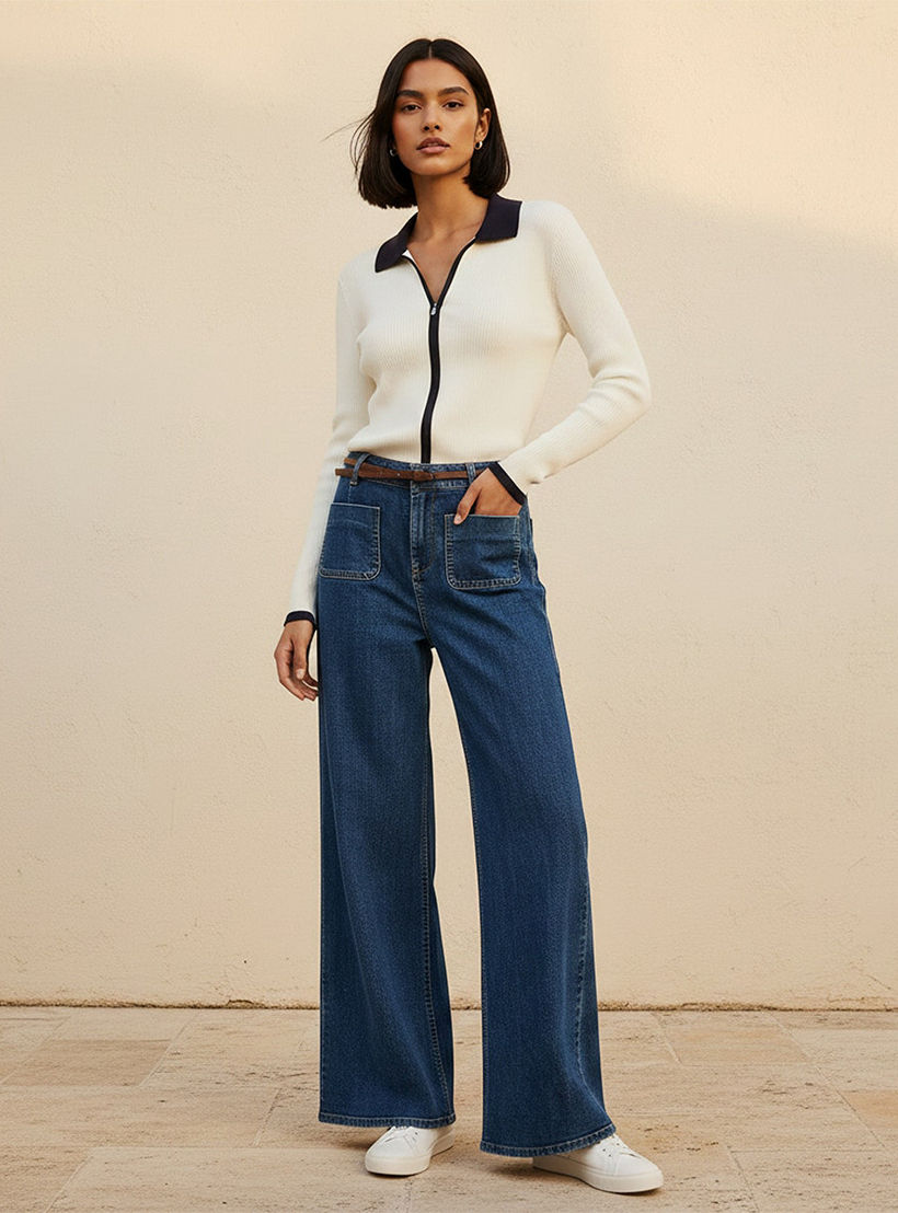 بنطلون جينز قطن واسع الساق مع حزام من لي كوبر-women-clothing-bottoms-jeans-image-3