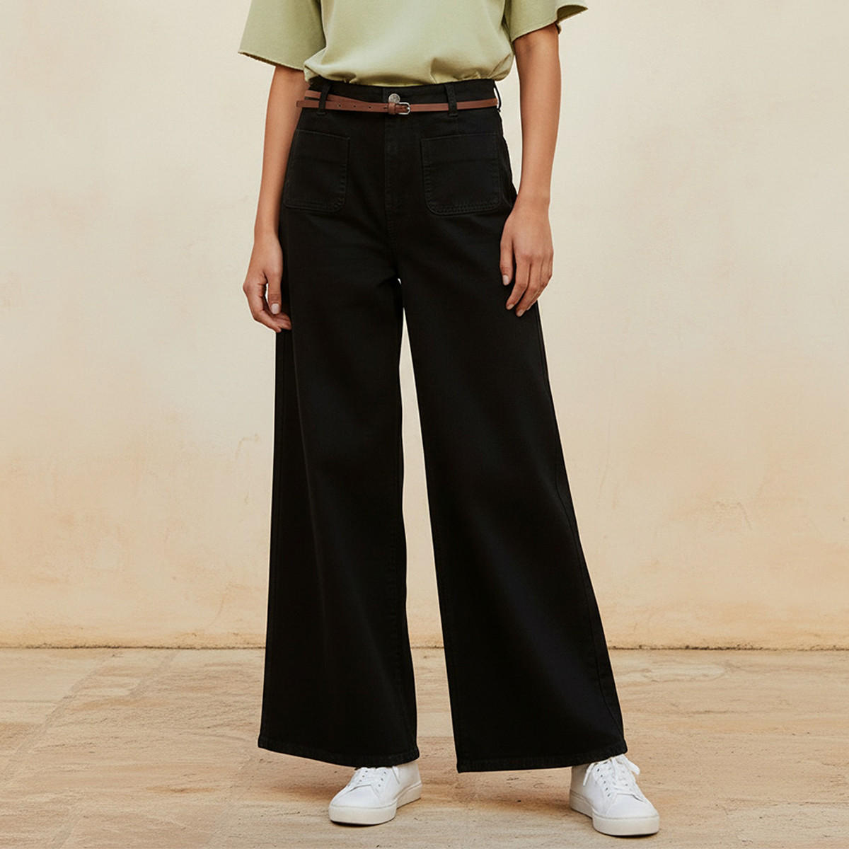 بنطلون جينز قطن واسع الساق مع حزام من لي كوبر-women-clothing-bottoms-jeans-image-1