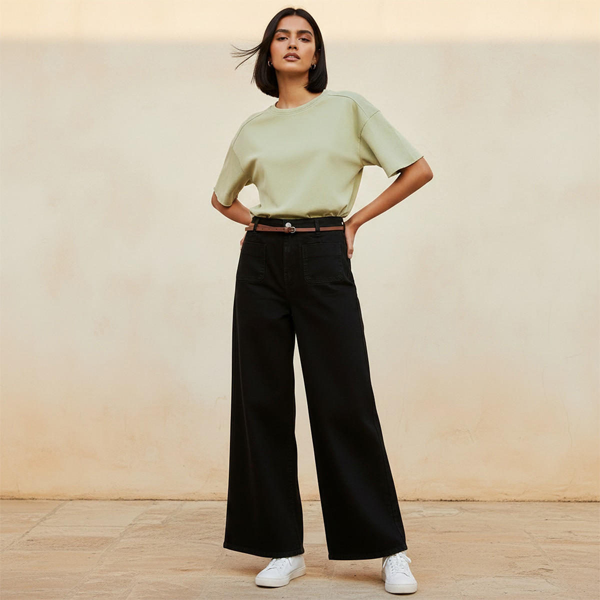 بنطلون جينز قطن واسع الساق مع حزام من لي كوبر-women-clothing-bottoms-jeans-image-3