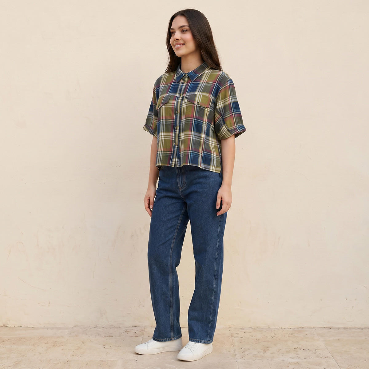 قميص قطن بقصة عادية ونقشة كاروهات من لي كوبر-women-clothing-shirtsandblouses-shirts-image-3