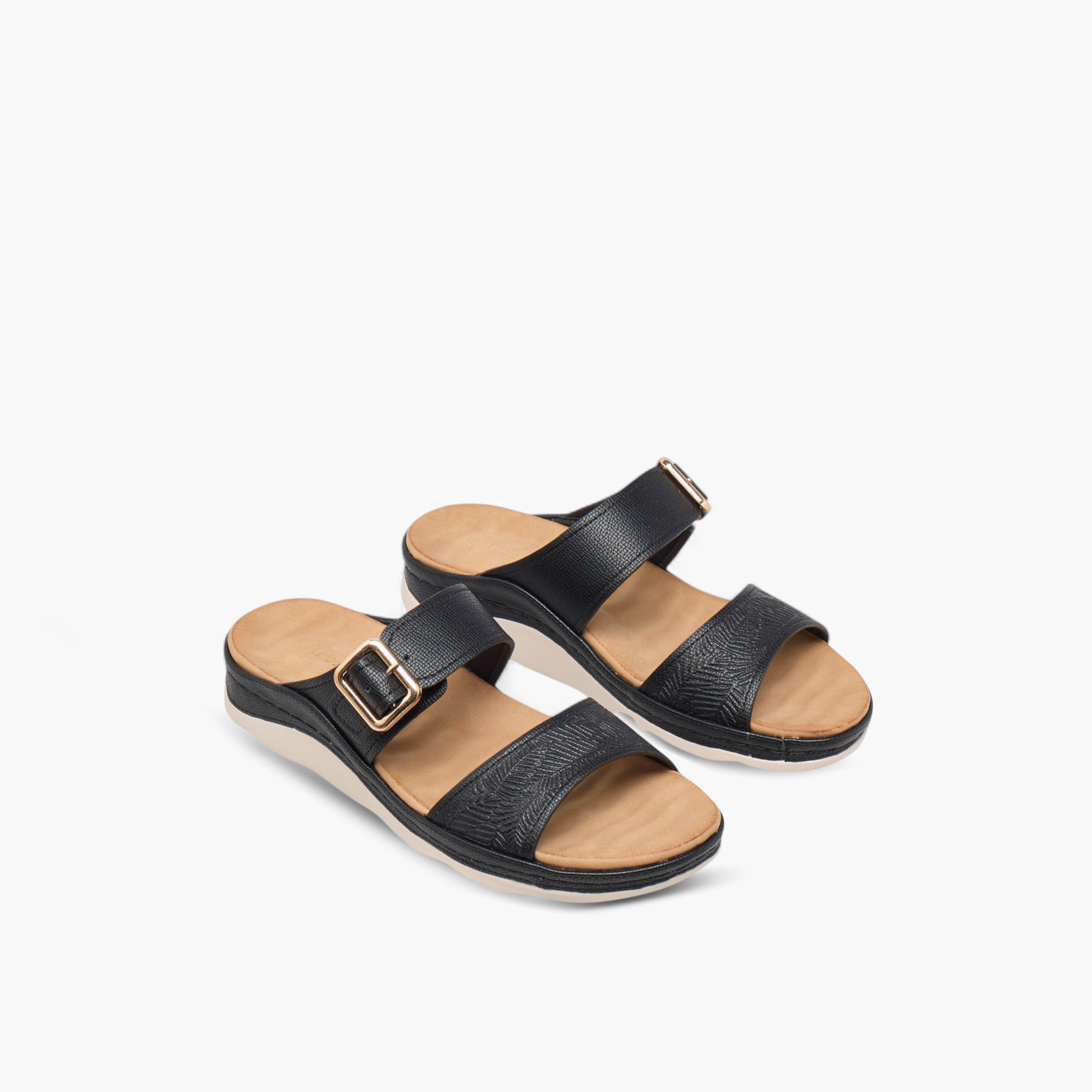 Le Confort Textured Slip-On Comfort Sandals with Buckle Accent-women-shoes-sandals-heeled-image-1