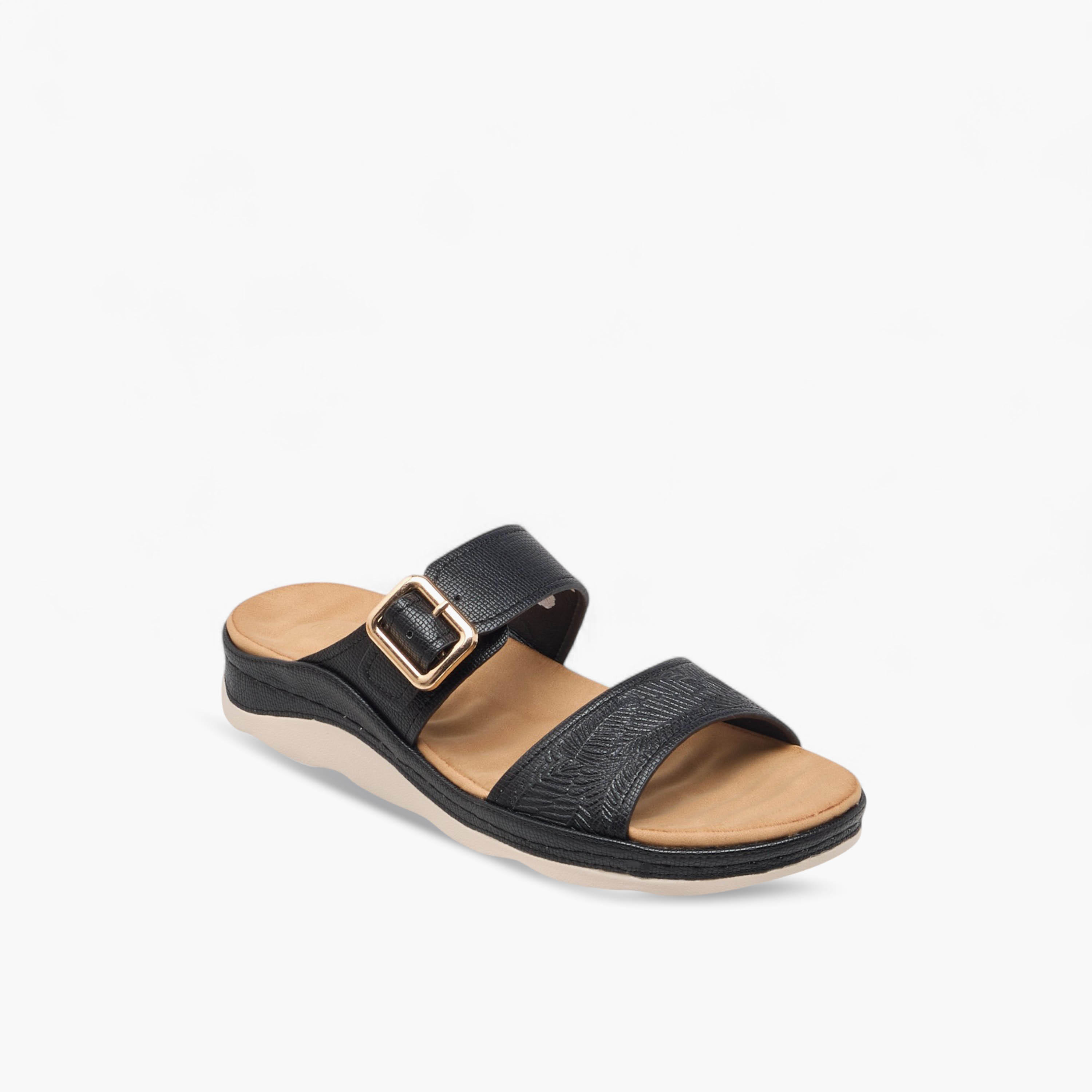 Le Confort Textured Slip-On Comfort Sandals with Buckle Accent-women-shoes-sandals-heeled-image-2
