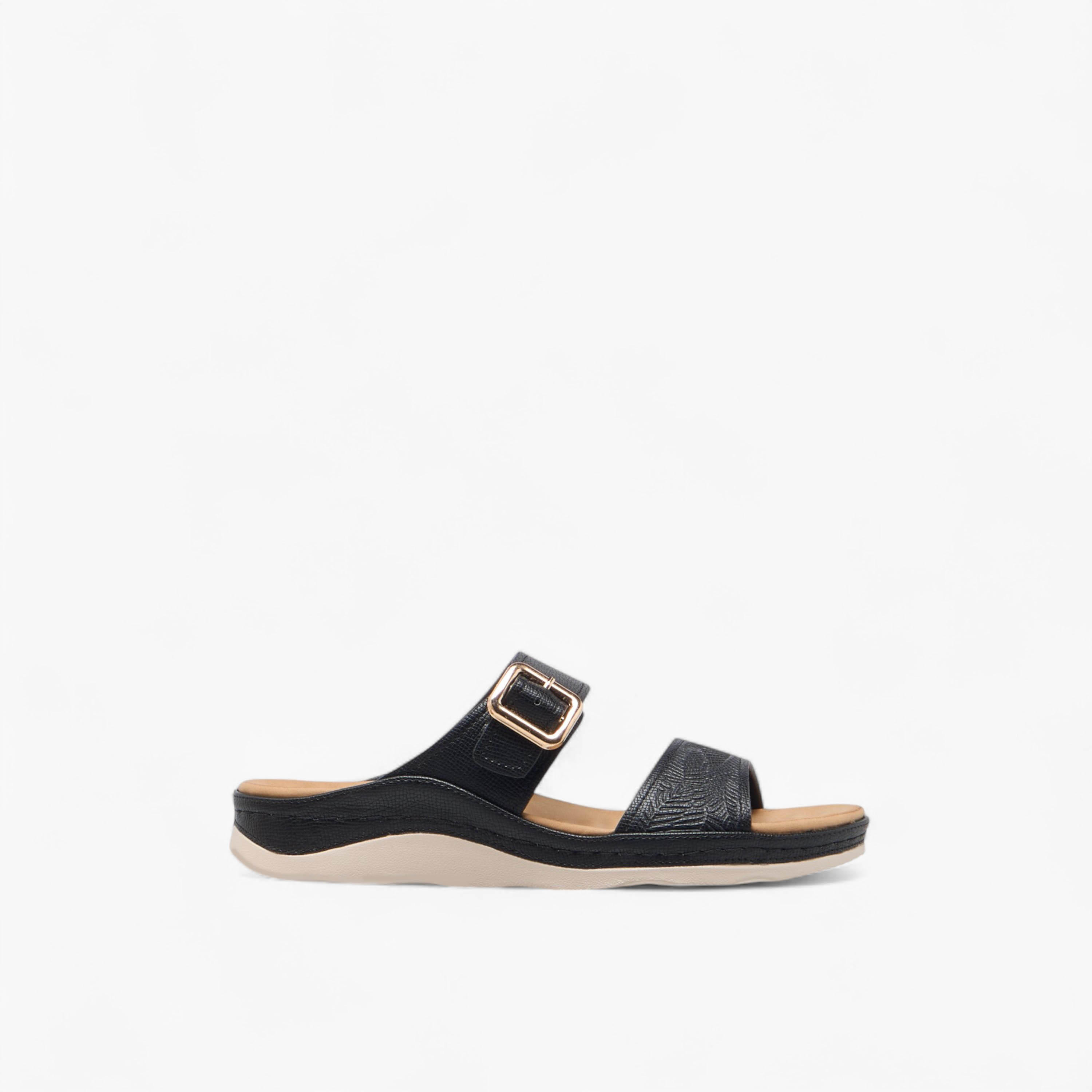 Le Confort Textured Slip-On Comfort Sandals with Buckle Accent-women-shoes-sandals-heeled-image-3