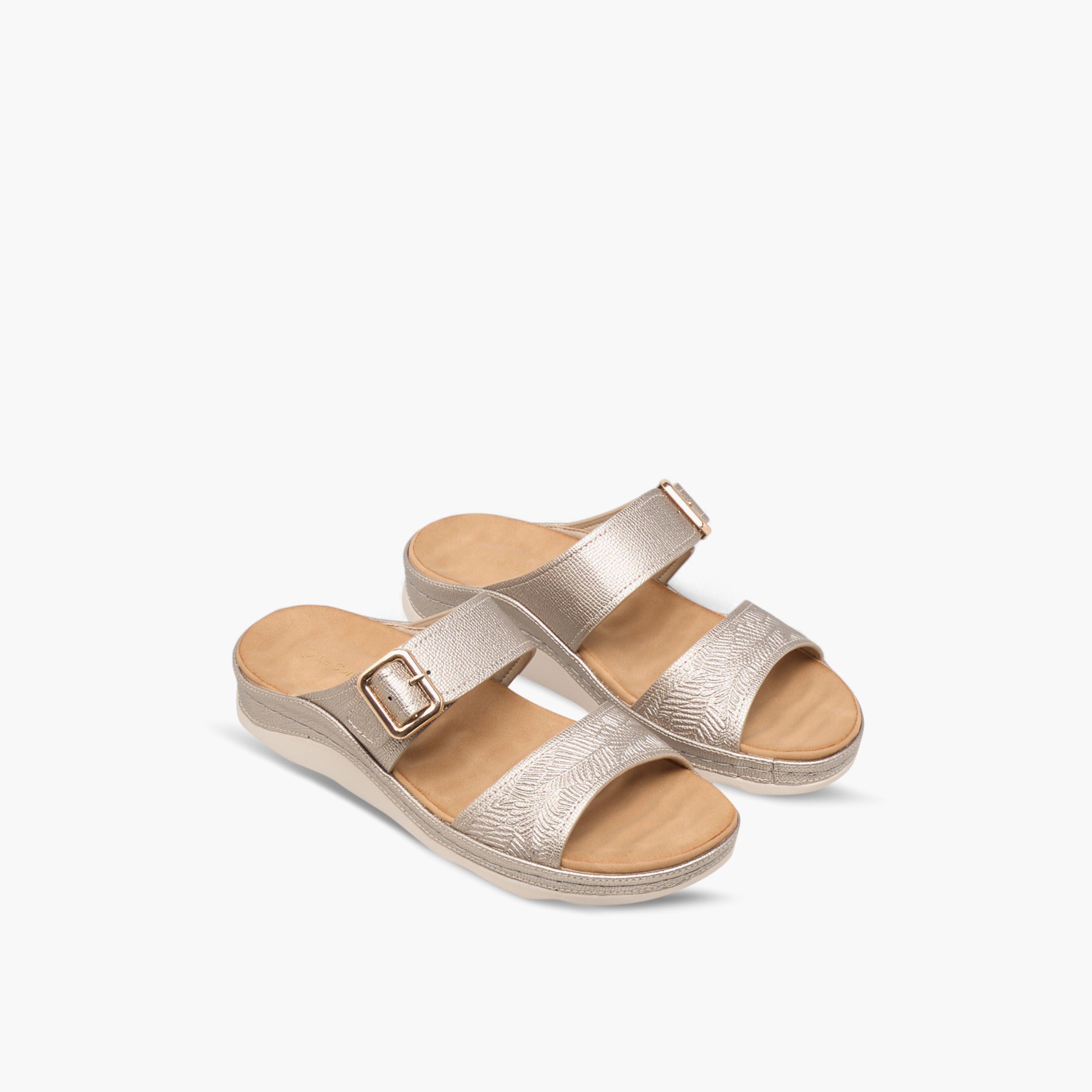 Le Confort Textured Slip-On Comfort Sandals with Buckle Accent-women-shoes-sandals-heeled-image-1