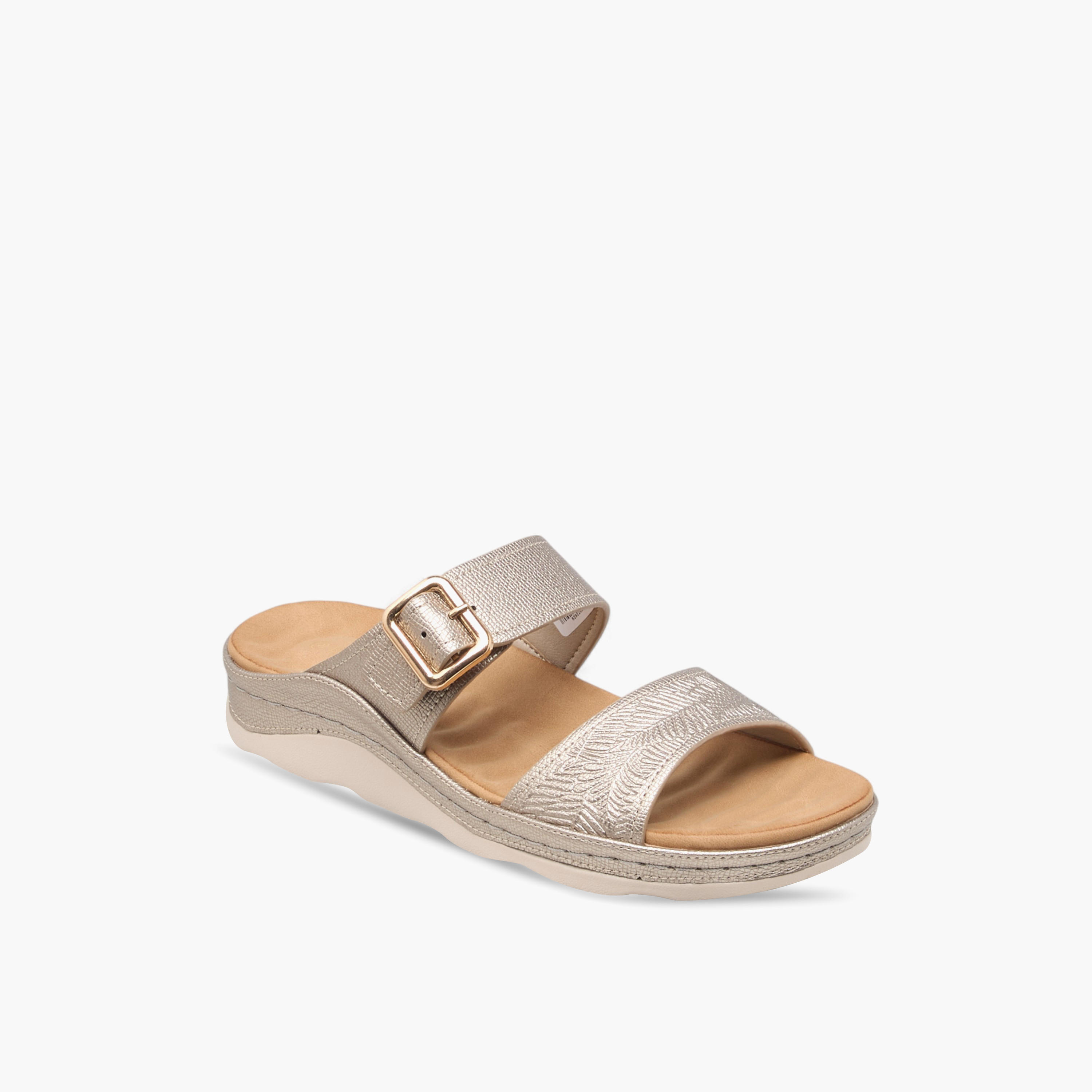 Le Confort Textured Slip-On Comfort Sandals with Buckle Accent-women-shoes-sandals-heeled-image-2