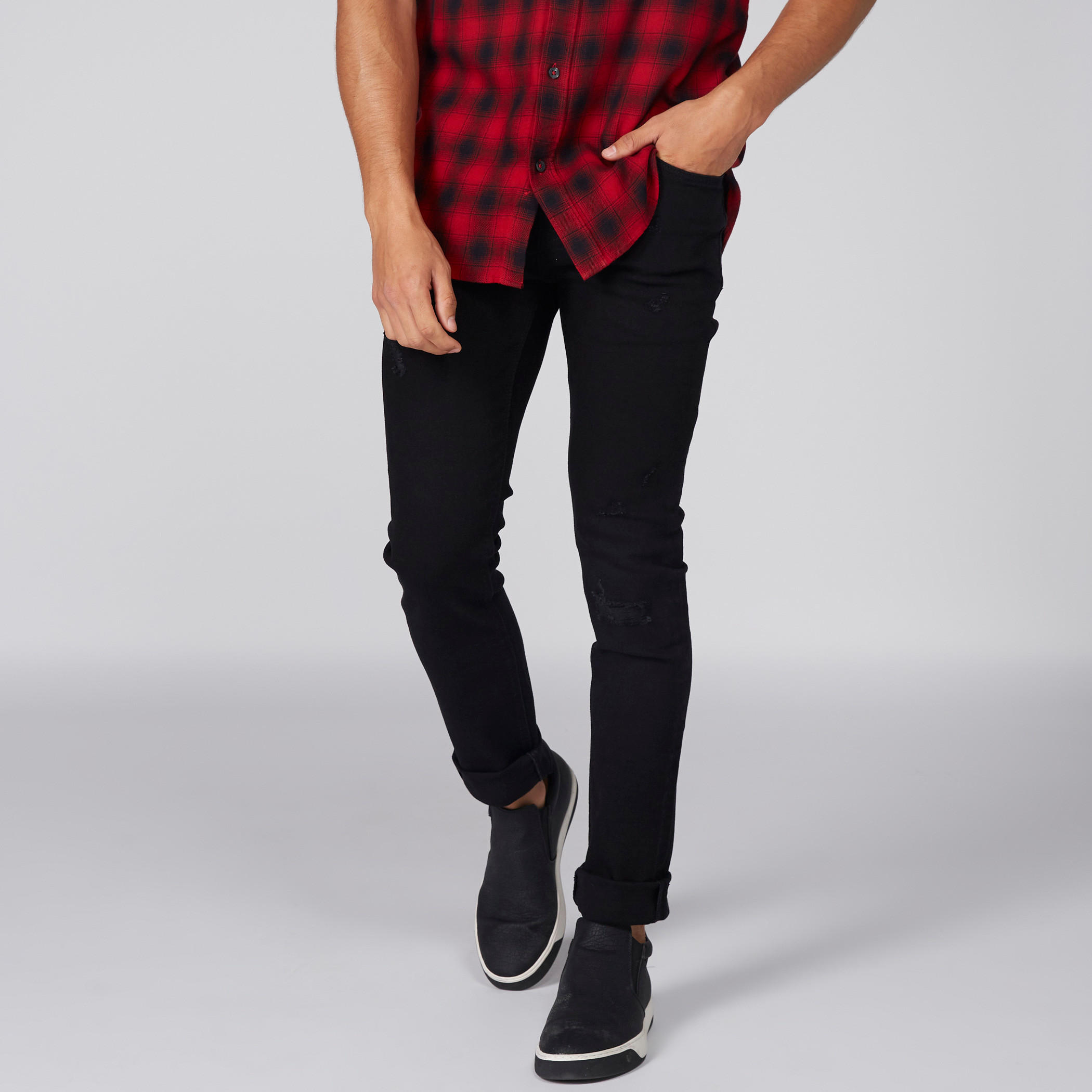 بنطال جينز طويل بتصميم ممزق وزر للإغلاق من لي كوبر-men-clothing-bottoms-jeans-image-1