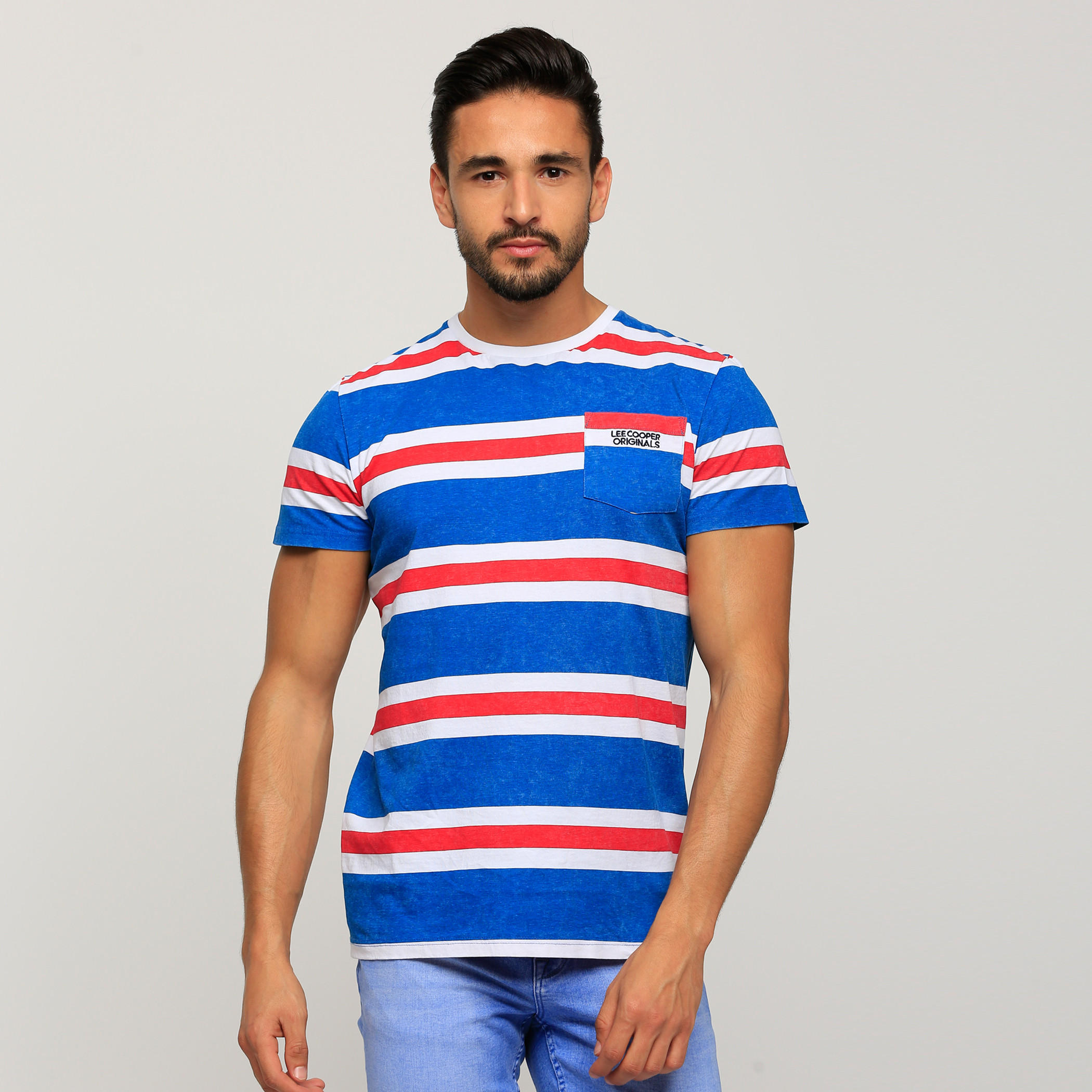 تيشيرت مقلّم بياقة ضيّقة وأكمام قصيرة من لي كوبر-men-clothing-tshirtsandpolos-tshirts-image-1