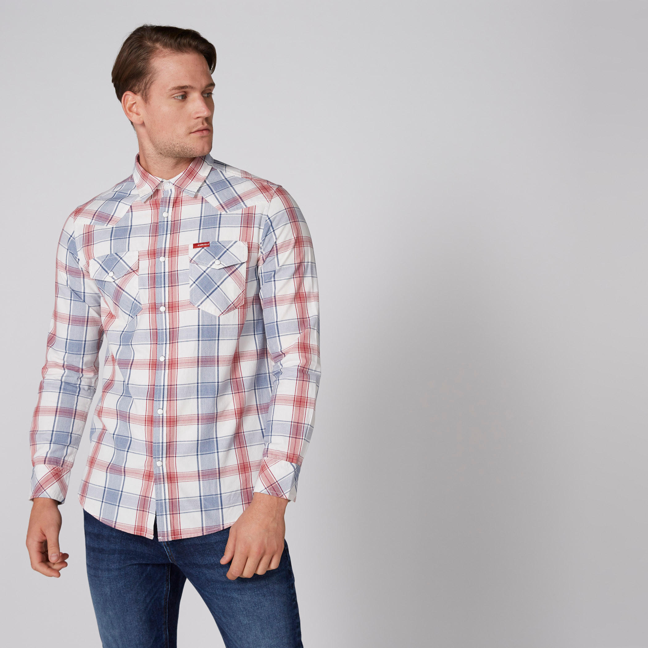 قميص كاروهات بأكمام طويلة ووصلة أزرار كاملة من لي كوبر-men-clothing-shirts-image-1