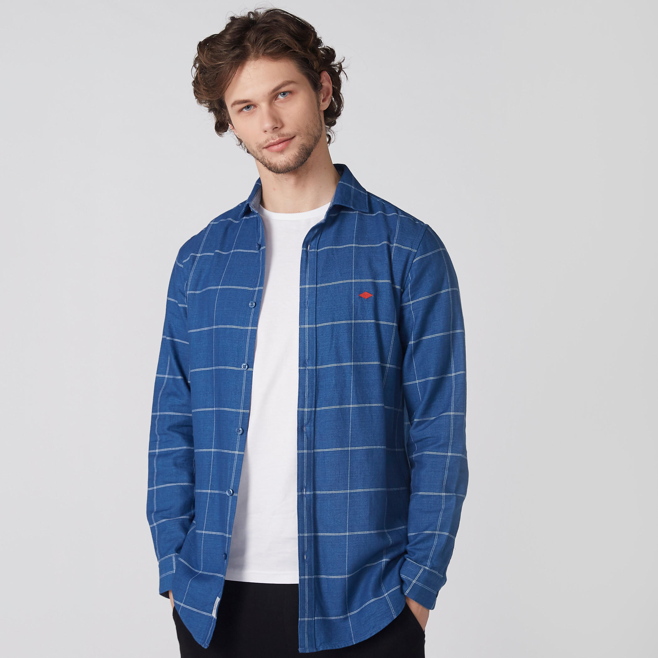 قميص كاروهات بأكمام طويلة ووصلة أزرار كاملة-men-clothing-shirts-image-1