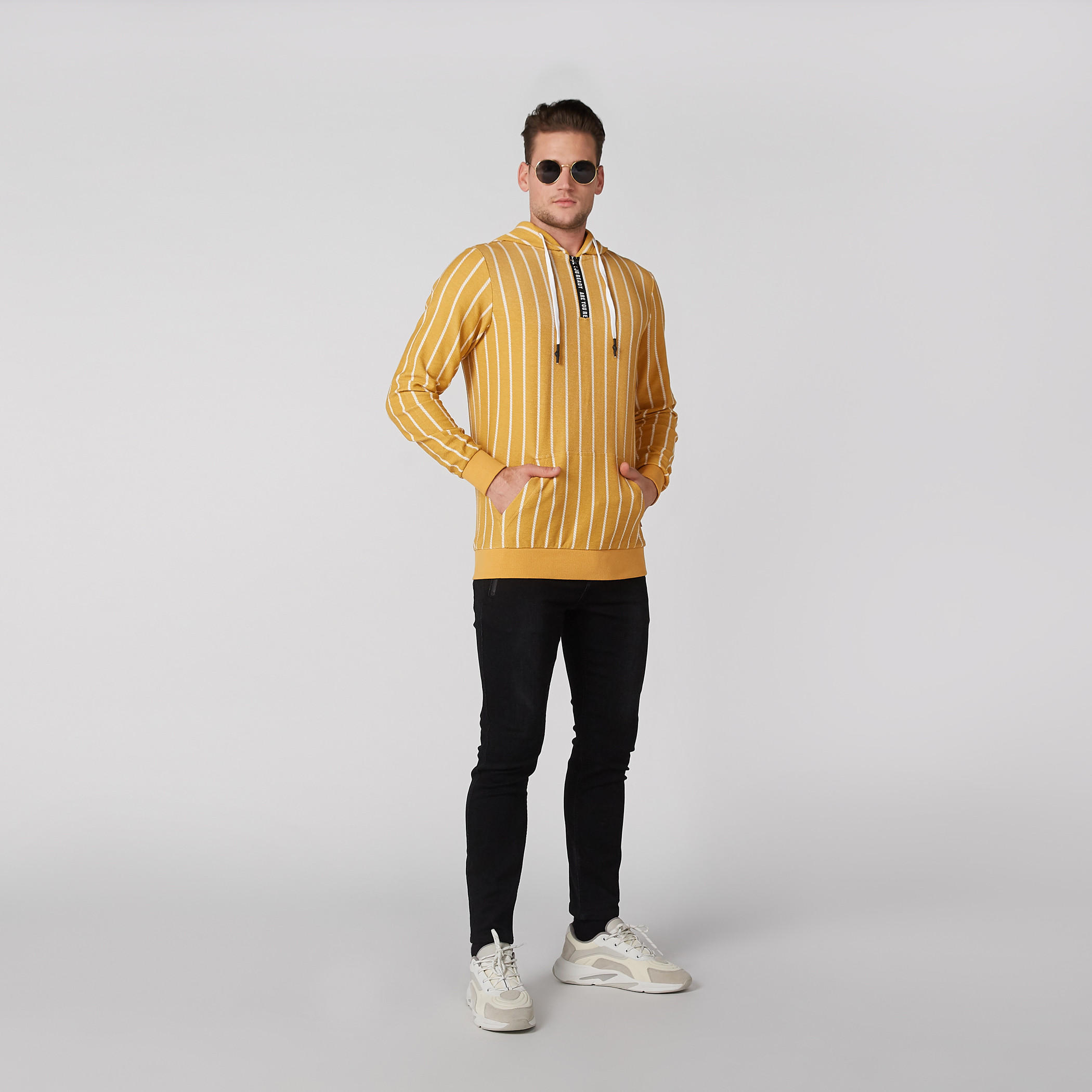 Striped Sweatshirt with Hood and Kangaroo Pockets-men-winterwear-hoodiesandsweatshirts-image-2