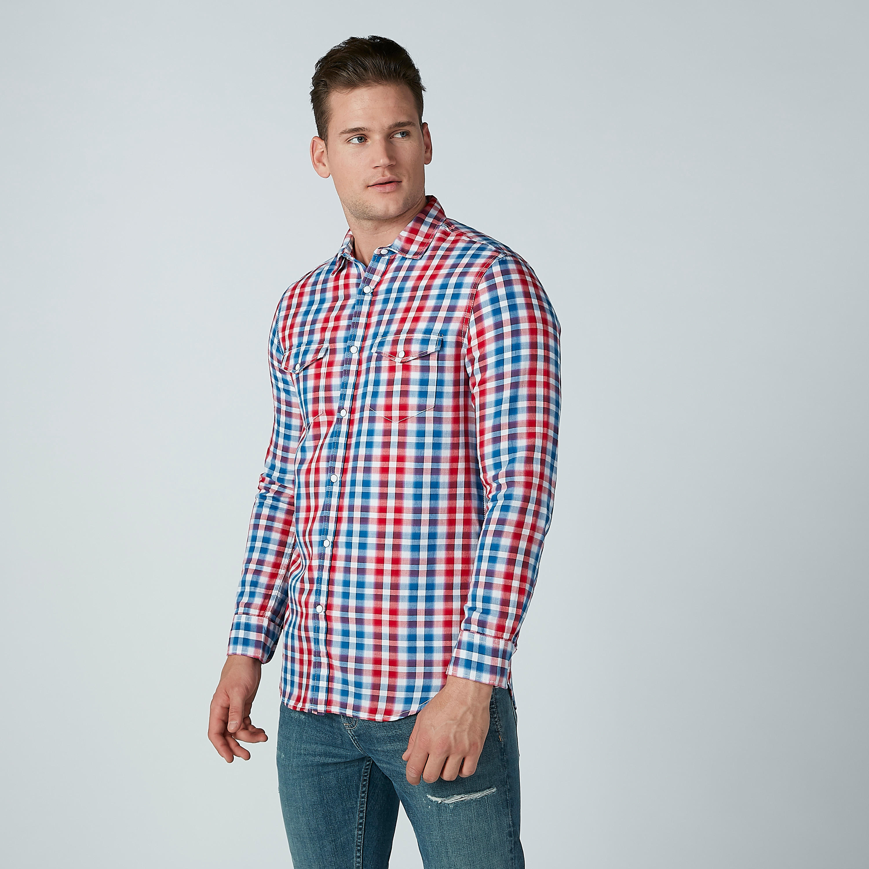قميص كاروهات بأكمام طويلة وجيب على الصدر من لي كوبر-men-clothing-shirts-image-2