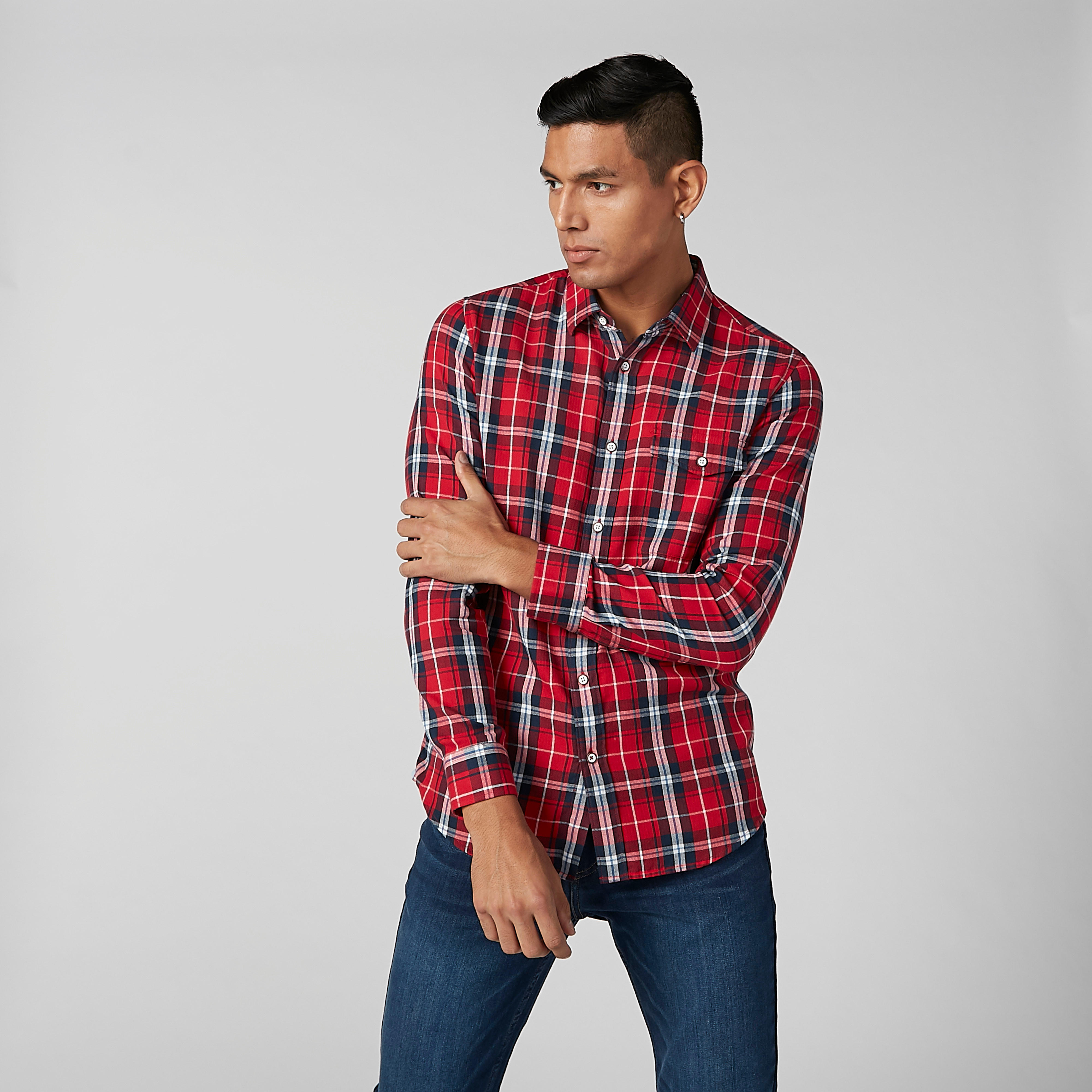 قميص مستدام كاروهات بأكمام وجيب بطيّة -men-clothing-shirts-image-1