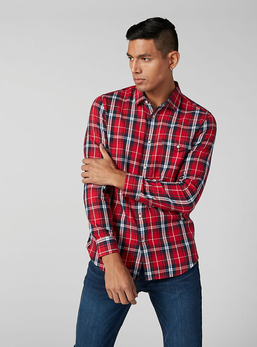 قميص مستدام كاروهات بأكمام وجيب بطيّة -men-clothing-shirts-image-1