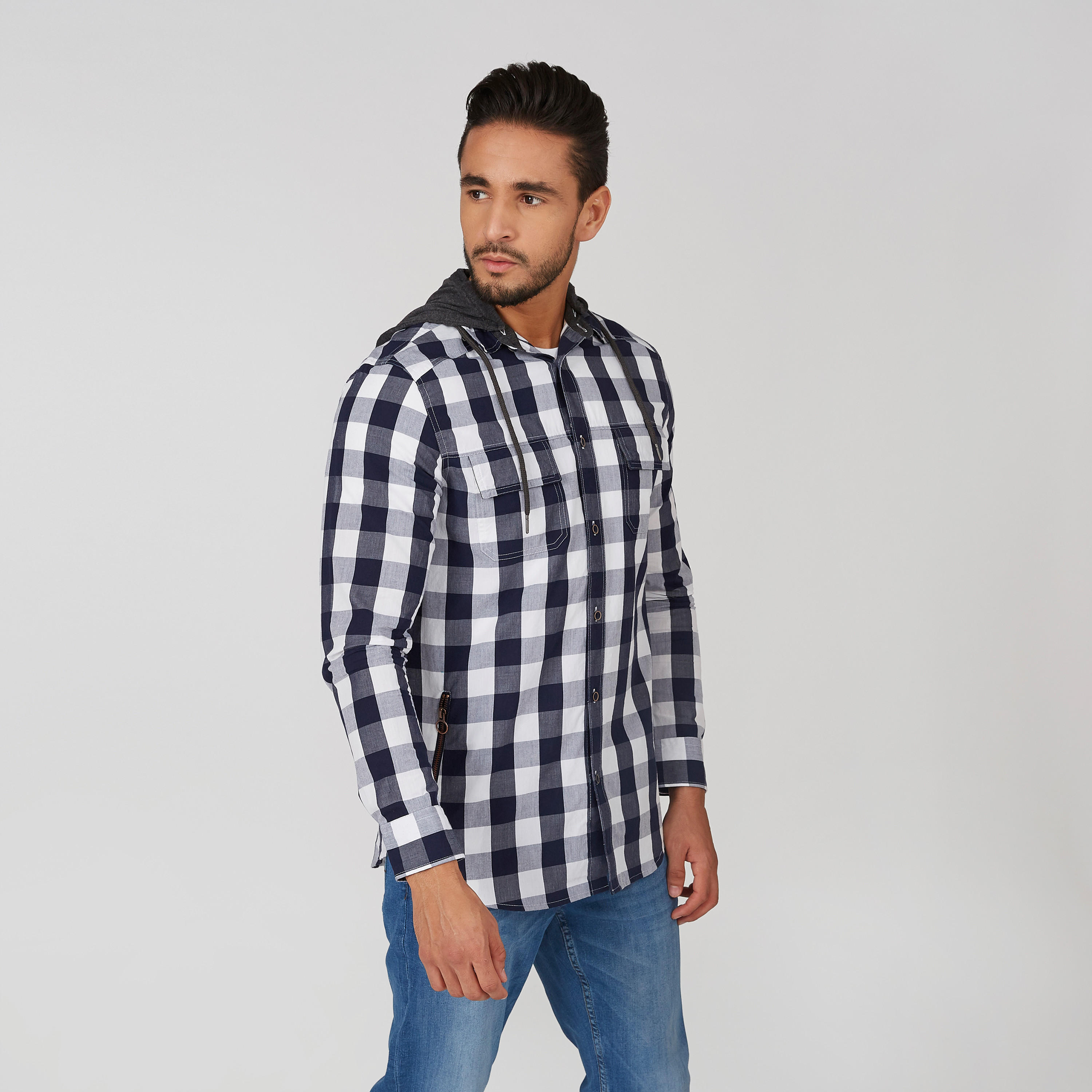قميص مستدام سليم كاروهات بقبّعة وأكمام طويلة -men-clothing-shirts-image-3