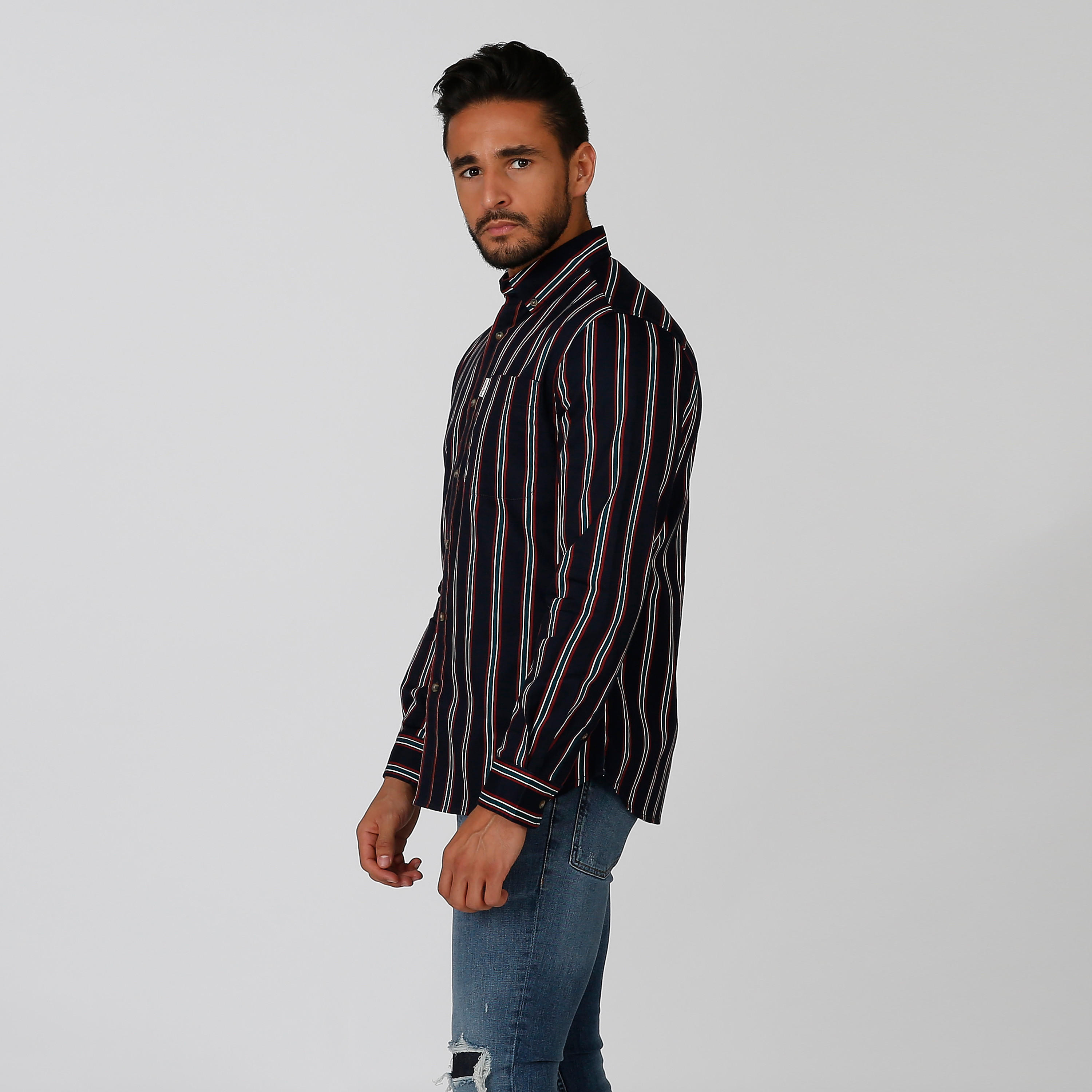 Slim Fit Striped Shirt with Spread Collar and Long Sleeves-men-clothing-shirts-image-1