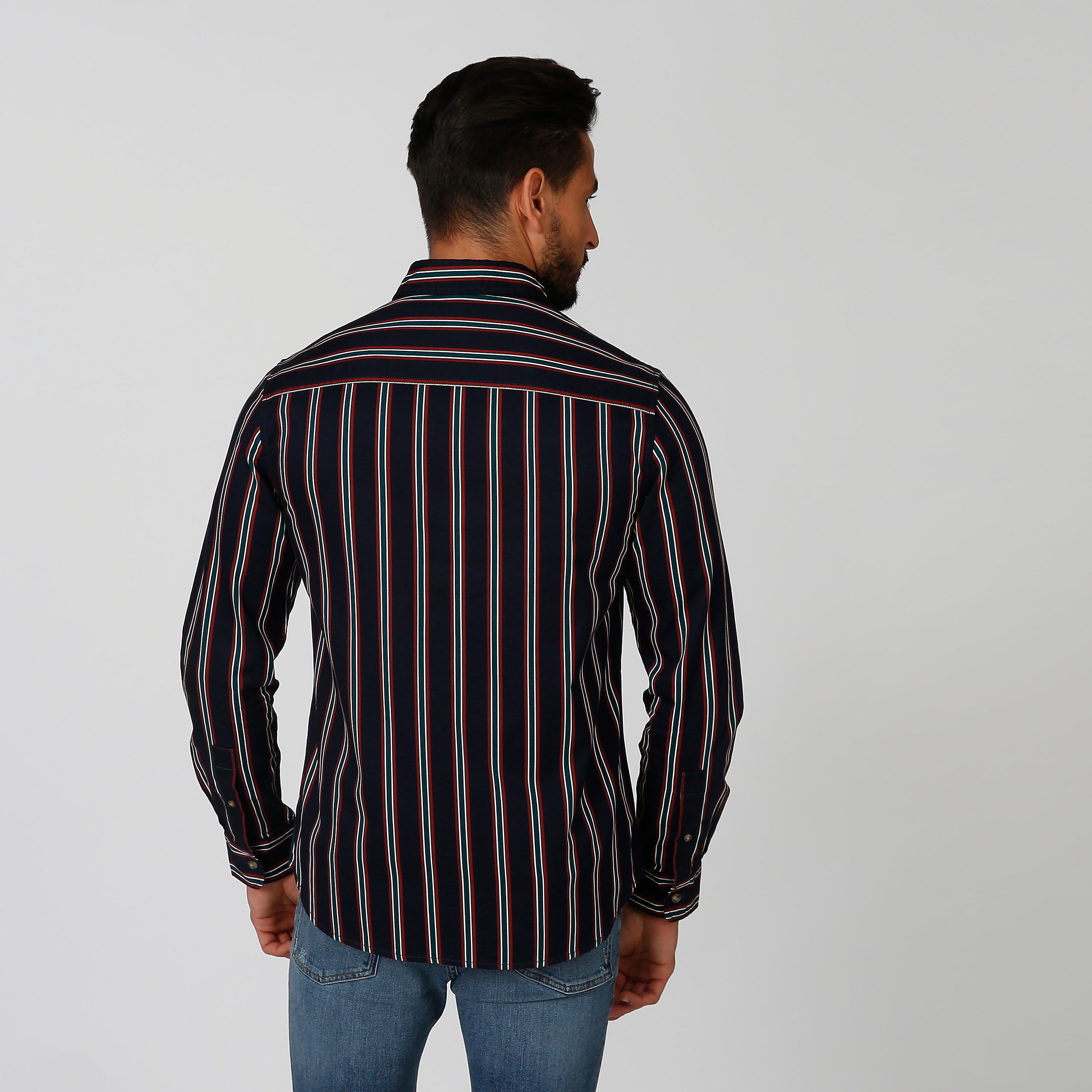 Slim Fit Striped Shirt with Spread Collar and Long Sleeves-men-clothing-shirts-image-2