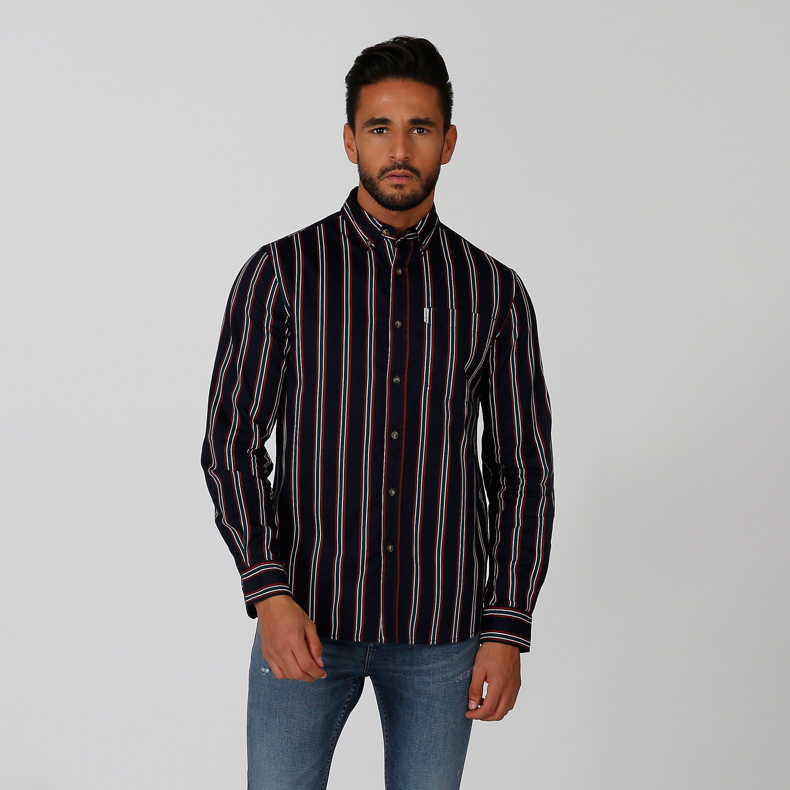 Slim Fit Striped Shirt with Spread Collar and Long Sleeves-men-clothing-shirts-image-4