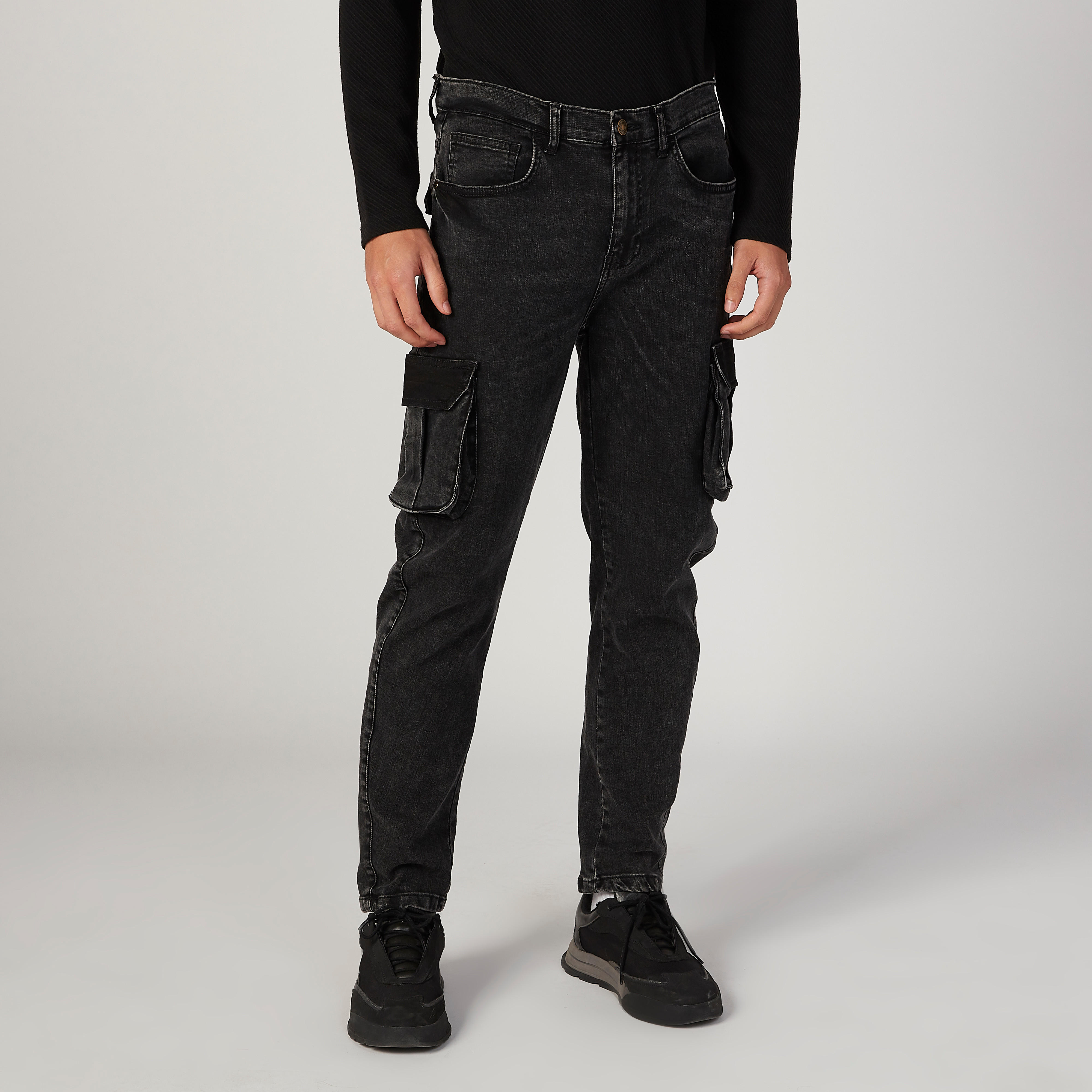 Sustainable Slim Fit Textured Denim Cargo Pants with Pocket Detail-men-clothing-bottoms-jeans-image-1