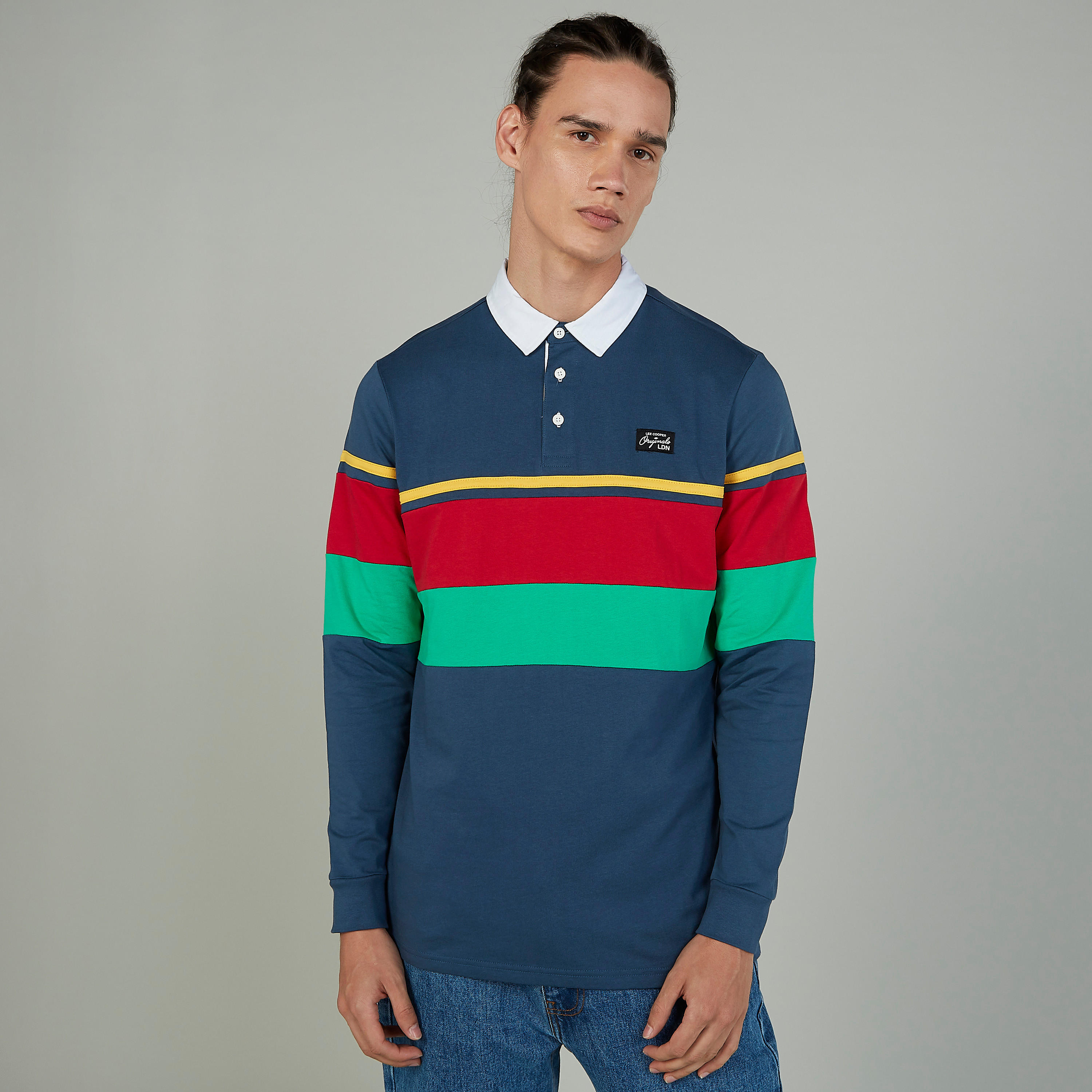 تيشيرت مخطط بياقة بولو وأكمام طويلة من لي كوبر-men-clothing-tshirtsandpolos-polos-image-5