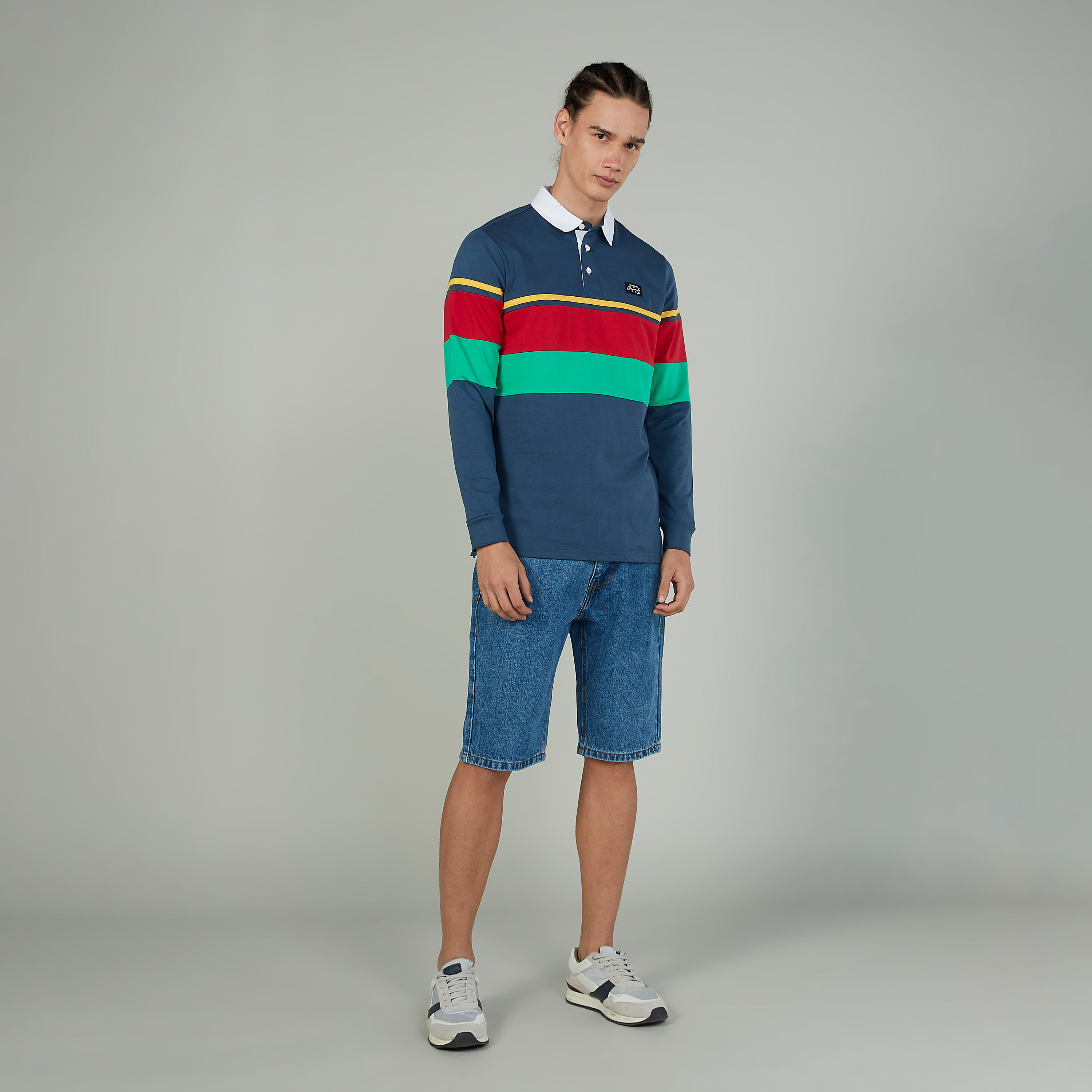 تيشيرت مخطط بياقة بولو وأكمام طويلة من لي كوبر-men-clothing-tshirtsandpolos-polos-image-4