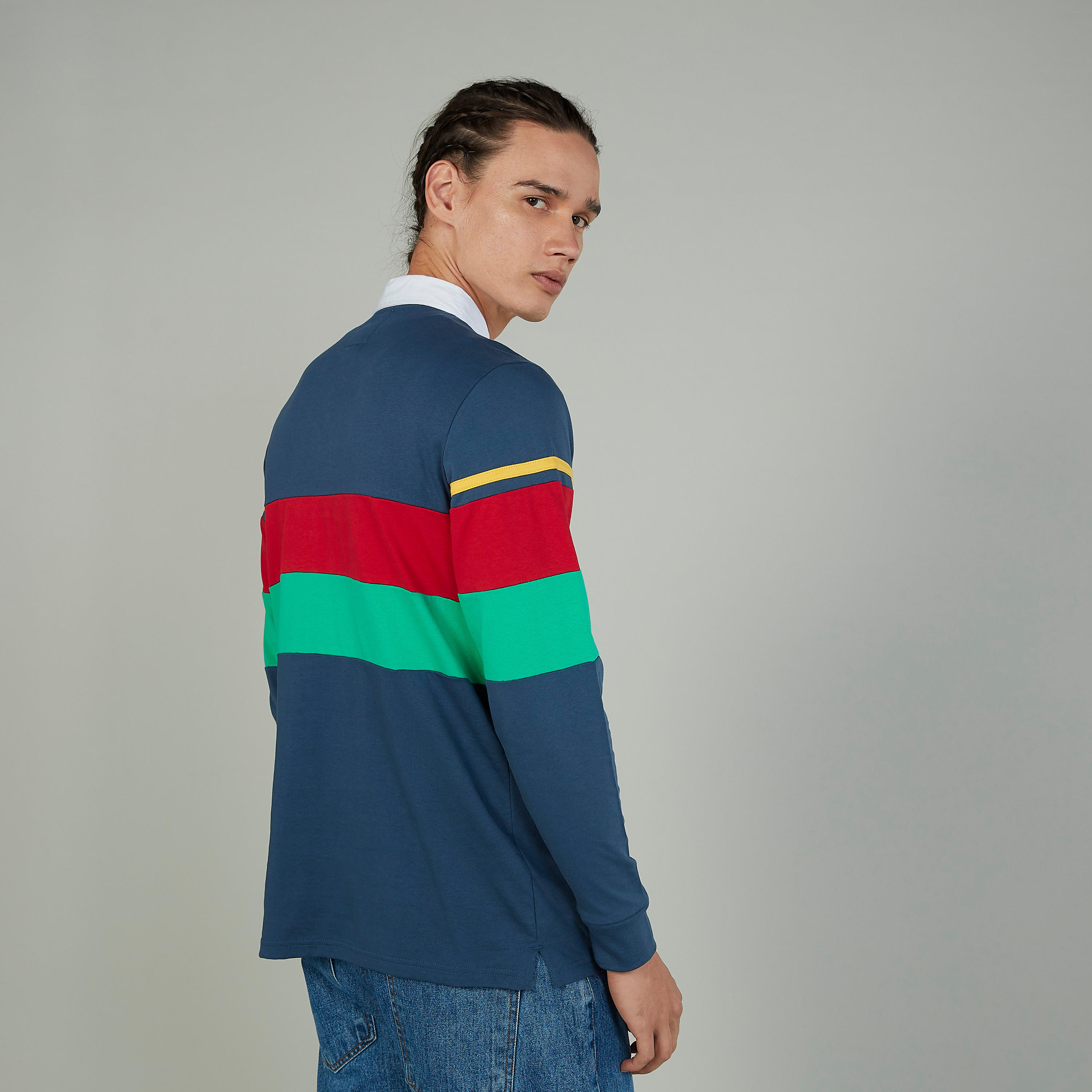 تيشيرت مخطط بياقة بولو وأكمام طويلة من لي كوبر-men-clothing-tshirtsandpolos-polos-image-2