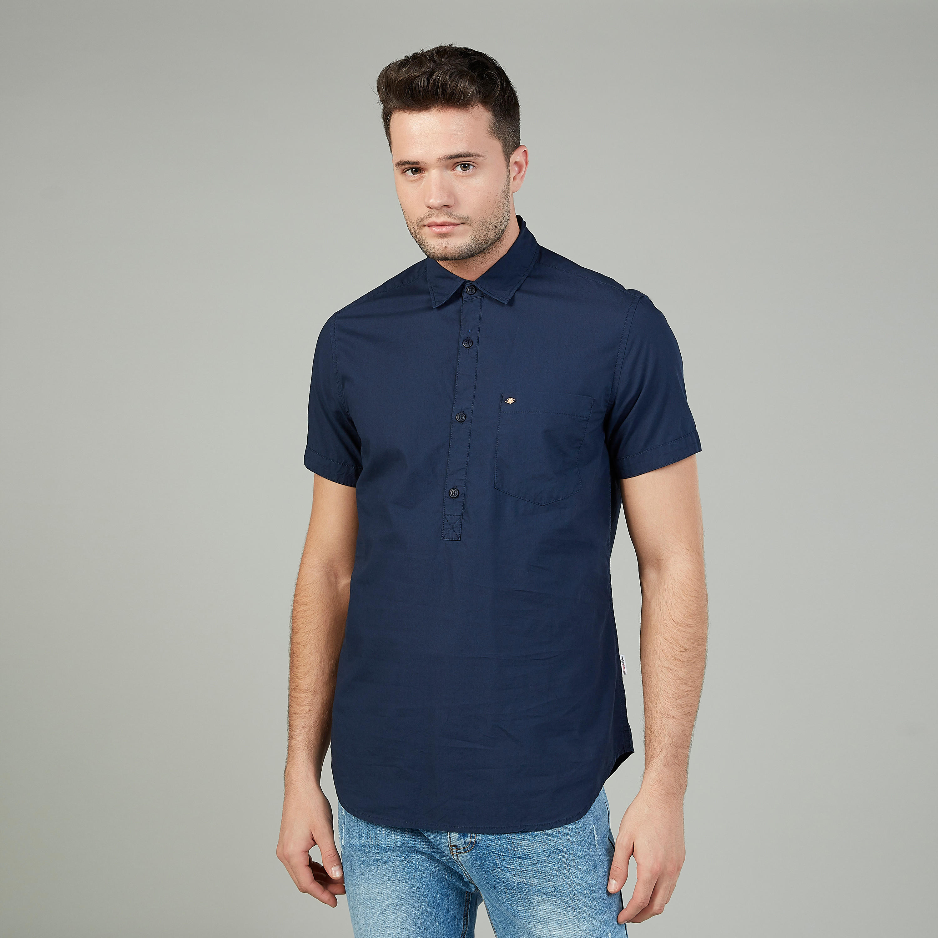 Lee Cooper Plain Shirt with Spread Collar and Short Sleeves-men-clothing-shirts-image-1