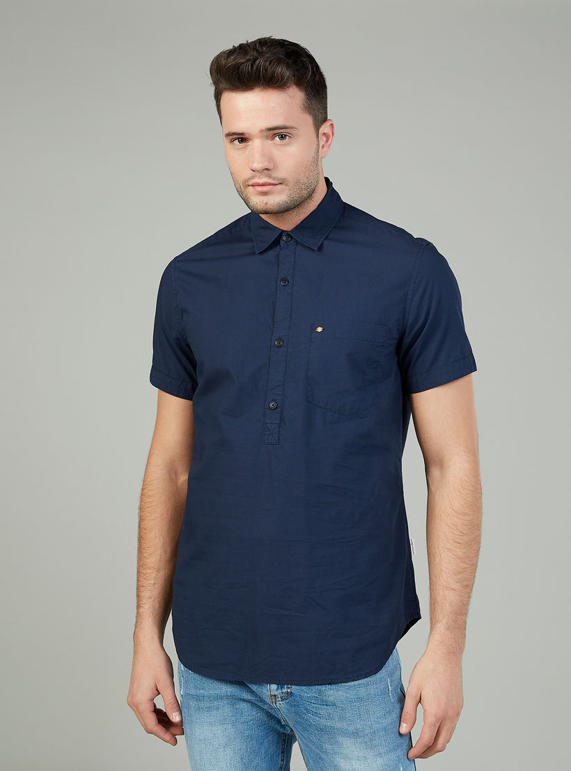 Lee Cooper Plain Shirt with Spread Collar and Short Sleeves-men-clothing-shirts-image-1