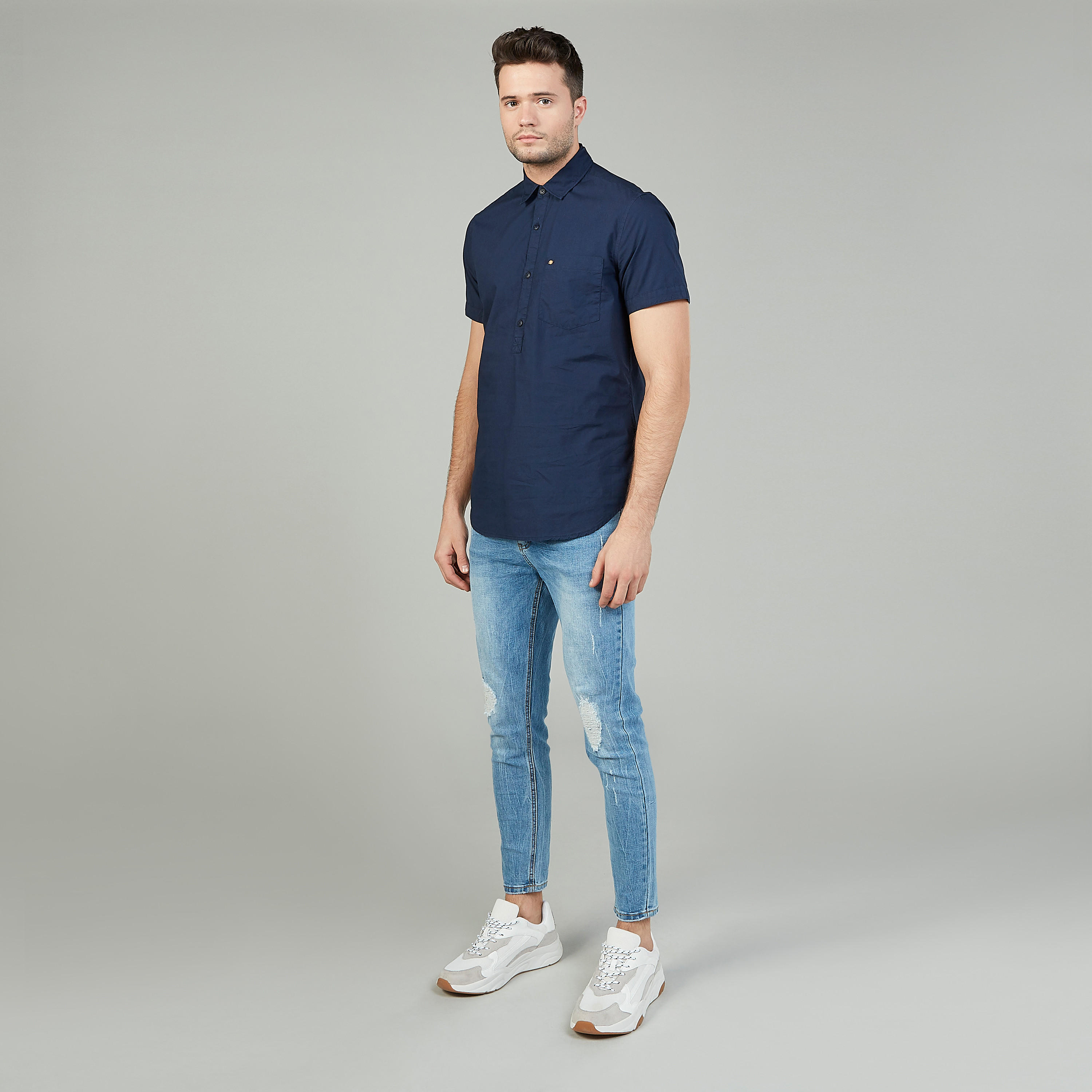 Lee Cooper Plain Shirt with Spread Collar and Short Sleeves-men-clothing-shirts-image-2