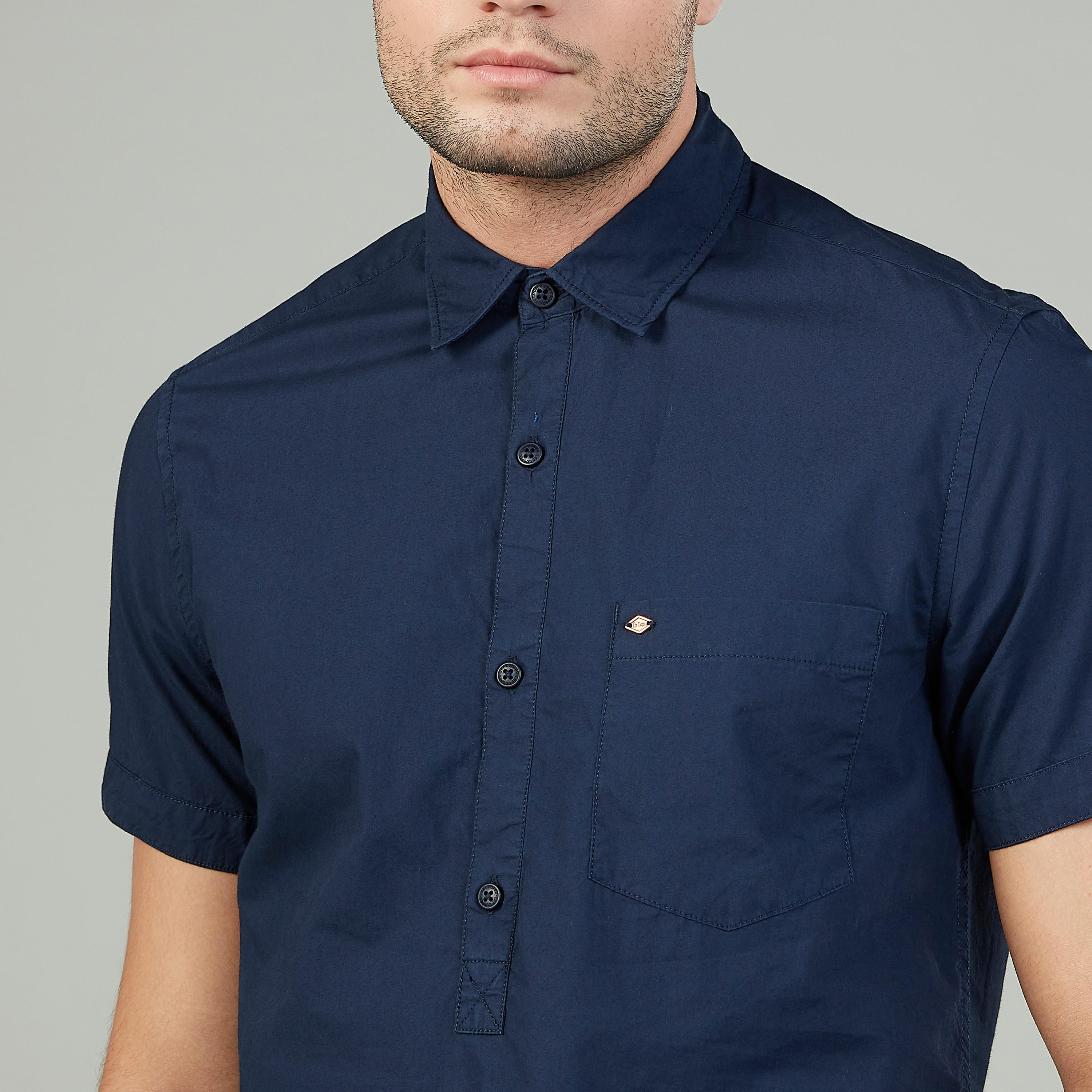 Lee Cooper Plain Shirt with Spread Collar and Short Sleeves-men-clothing-shirts-image-3