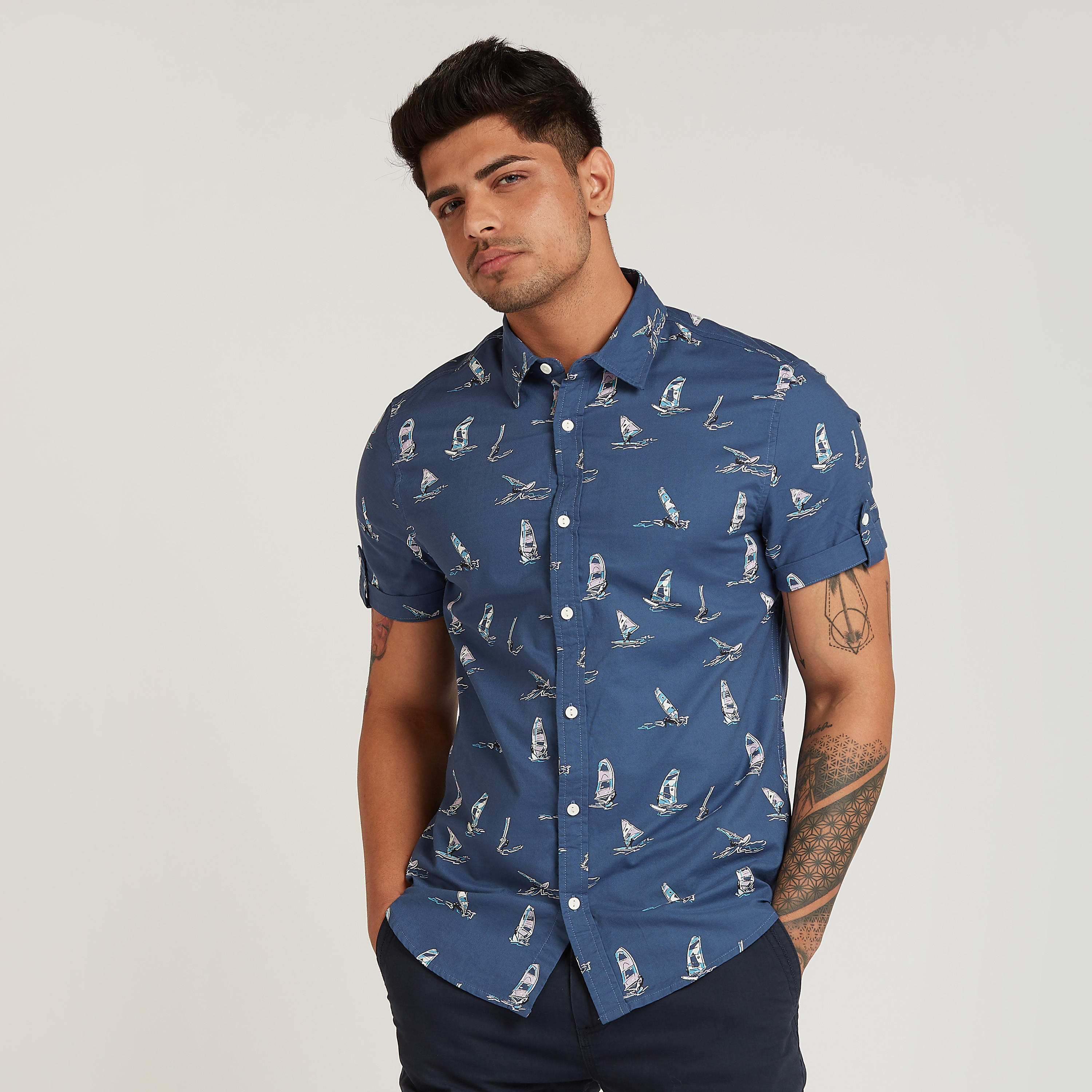 Lee Cooper Slim Fit Printed Shirt with Short Sleeves and Spread Collar-men-clothing-shirts-image-1