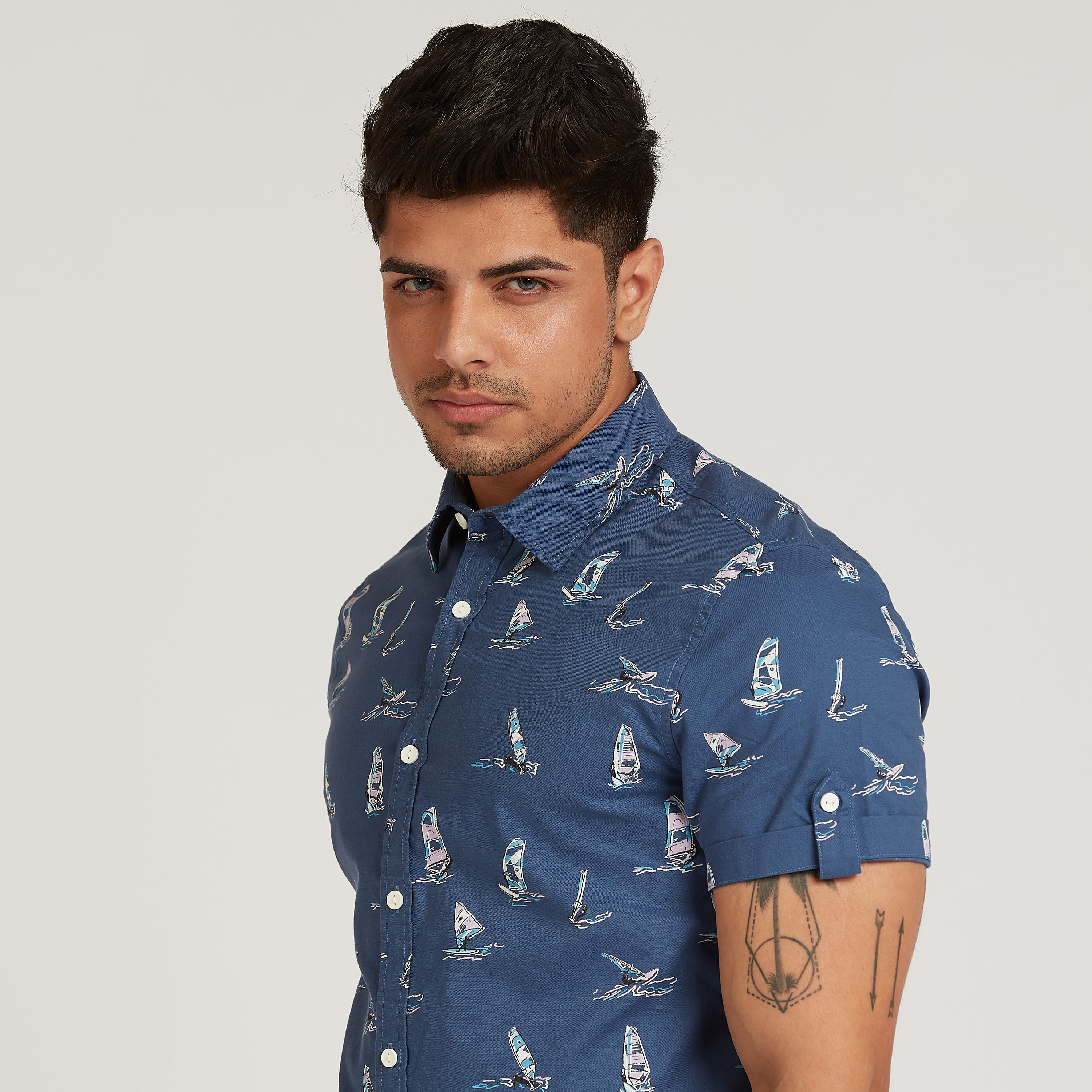 Lee Cooper Slim Fit Printed Shirt with Short Sleeves and Spread Collar-men-clothing-shirts-image-3