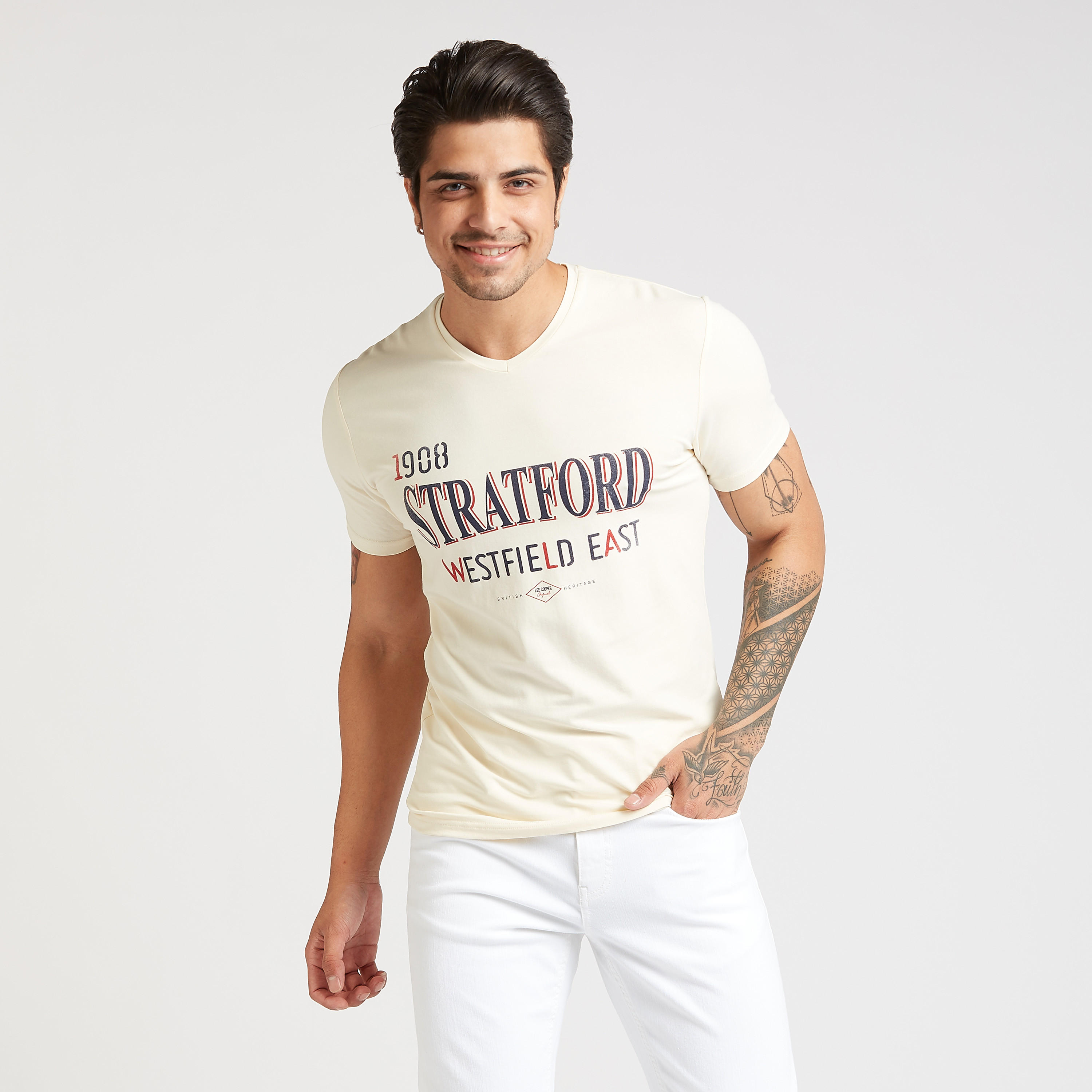 Lee Cooper Typographic Print T-shirt with V-Neck and Short Sleeves-men-clothing-tshirtsandpolos-tshirts-image-1