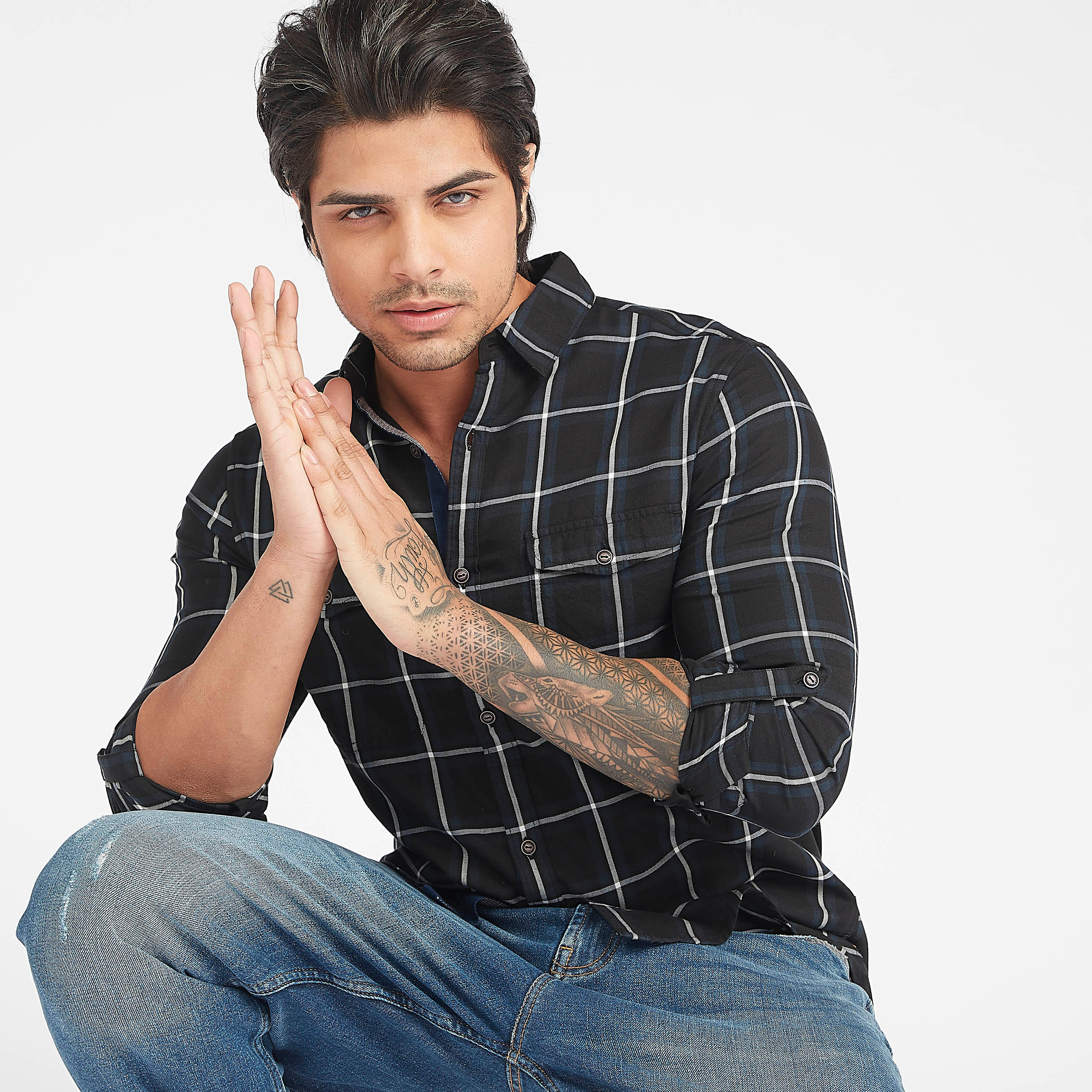 قميص كاروهات سليم بياقة عادية وأكمام قصيرة من لي كوبر-men-clothing-shirts-image-1