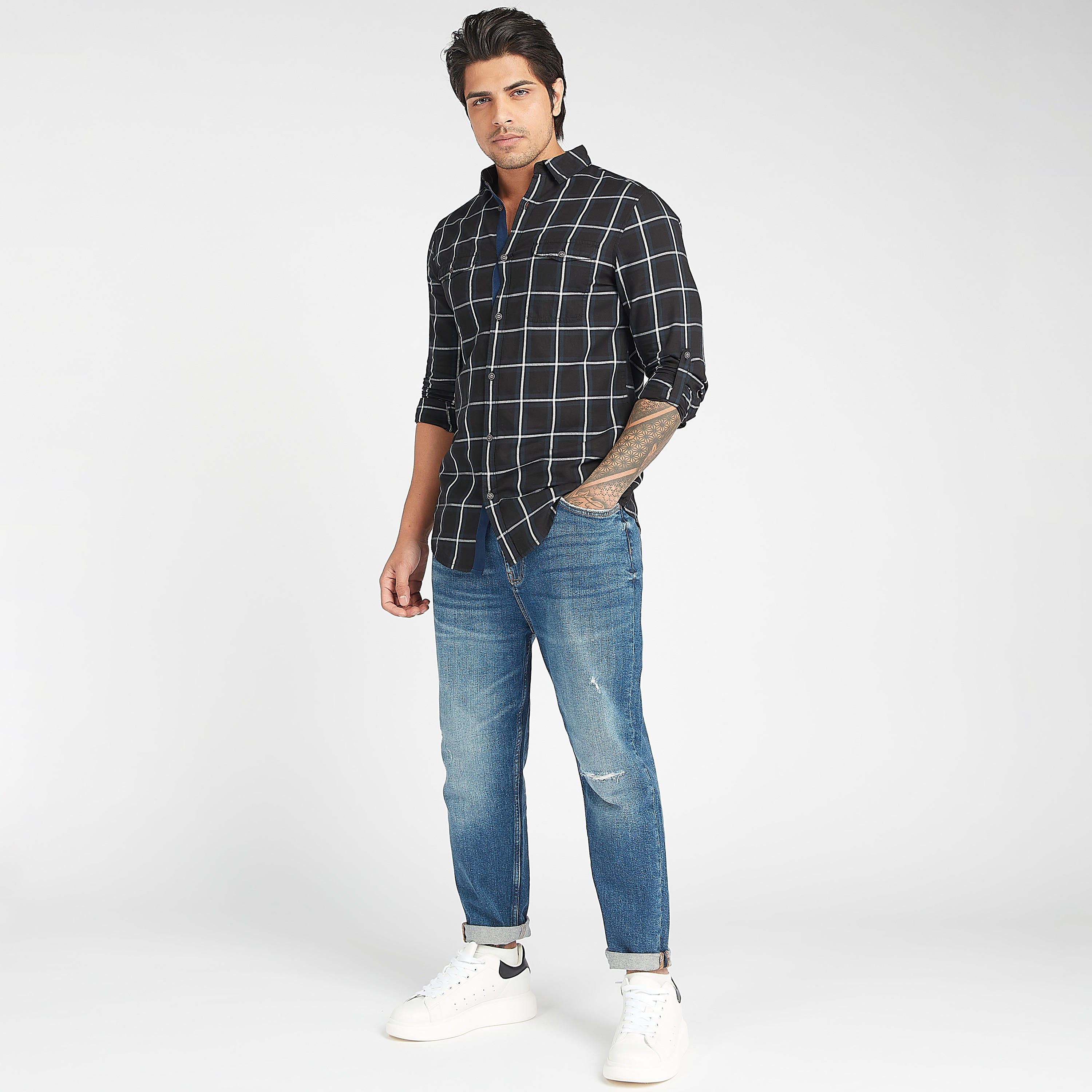 قميص كاروهات سليم بياقة عادية وأكمام قصيرة من لي كوبر-men-clothing-shirts-image-2