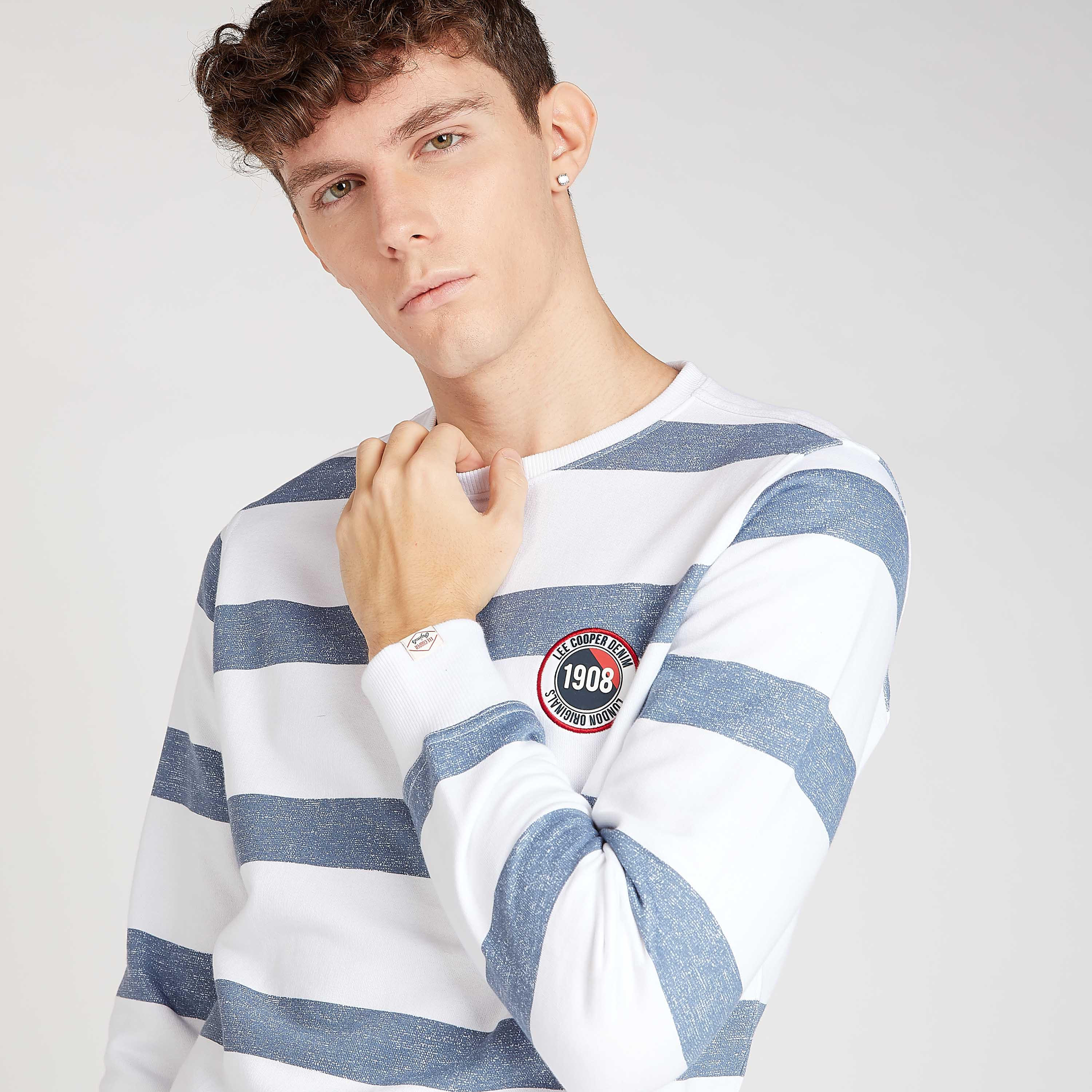 سويت شيرت مستدام مخطط بياقة ضيّقة من لي كوبر-men-winterwear-hoodiesandsweatshirts-image-1