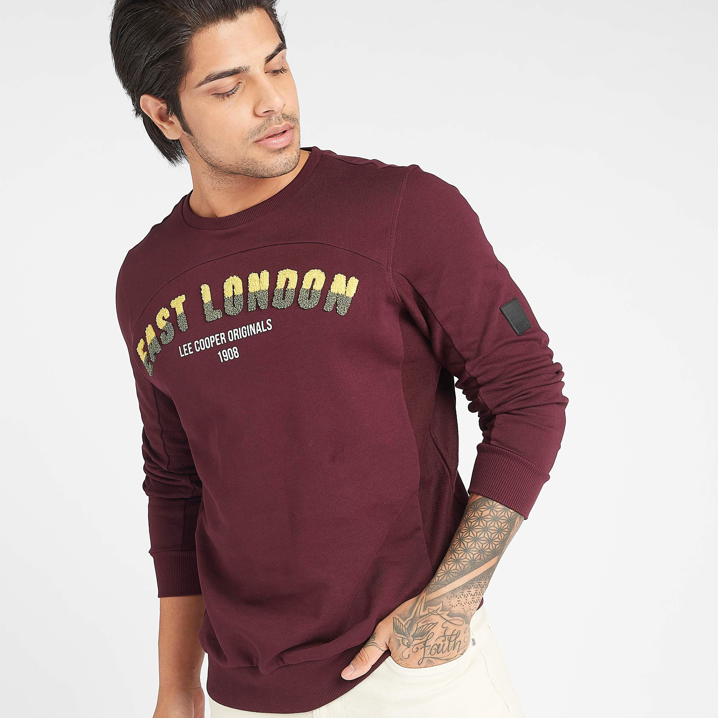Lee Cooper Textured Crew Neck Sweatshirt with Long Sleeves-men-winterwear-hoodiesandsweatshirts-image-1