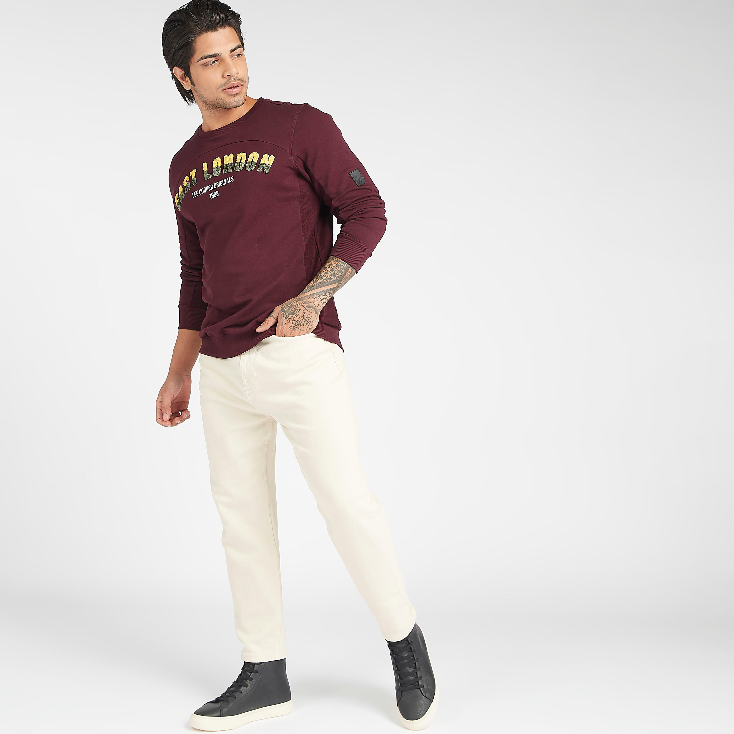 Lee Cooper Textured Crew Neck Sweatshirt with Long Sleeves-men-winterwear-hoodiesandsweatshirts-image-2