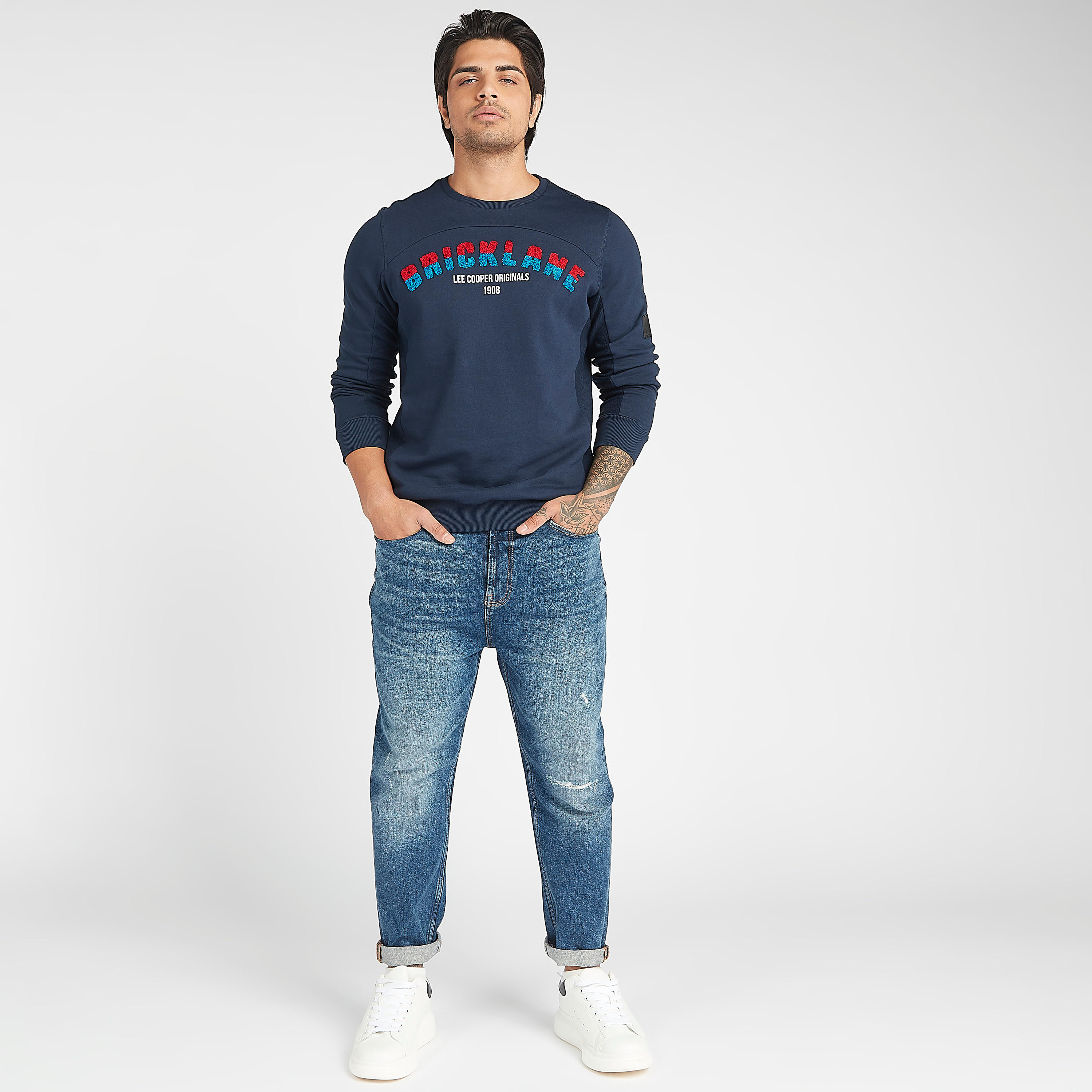Lee Cooper Embroidered Crew Neck Sweatshirt with Long Sleeves-men-winterwear-hoodiesandsweatshirts-image-2