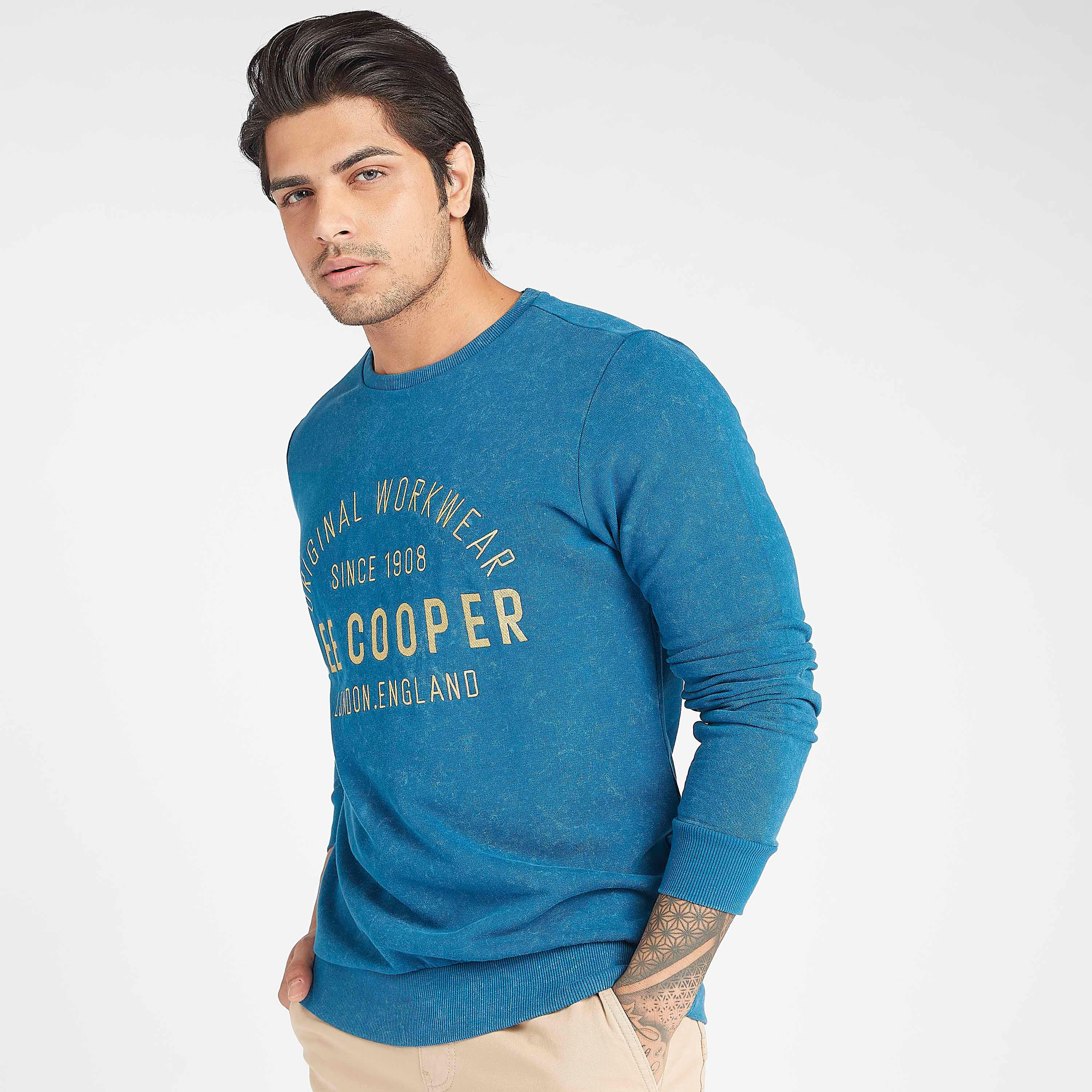 Sustainable Lee Cooper Typographic Print Sweatshirt with Crew Neck-men-winterwear-hoodiesandsweatshirts-image-1