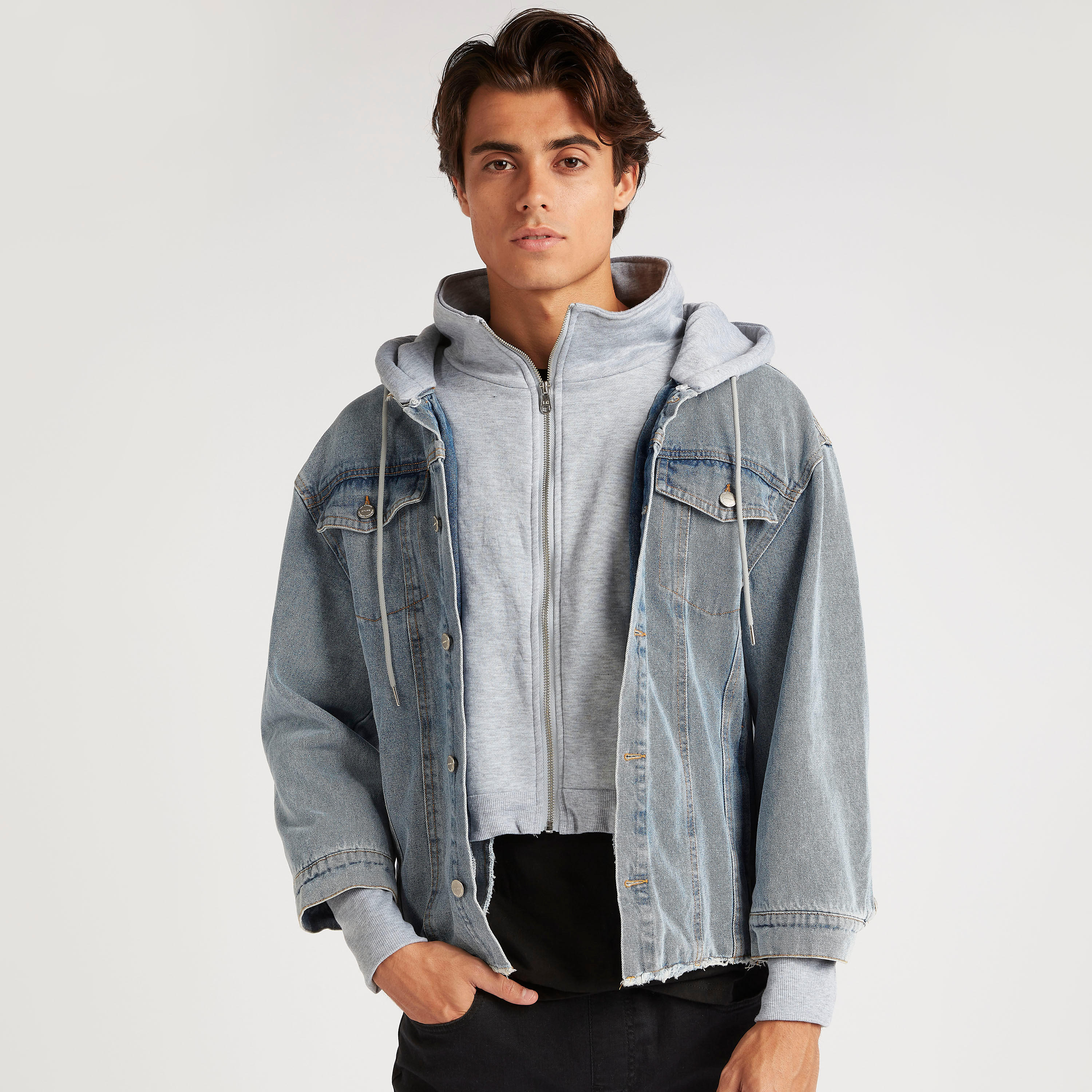 Lee Cooper Solid Denim Jacket with Hood and Zip Closure-men-clothing-jacketsandblazers-jackets-image-1