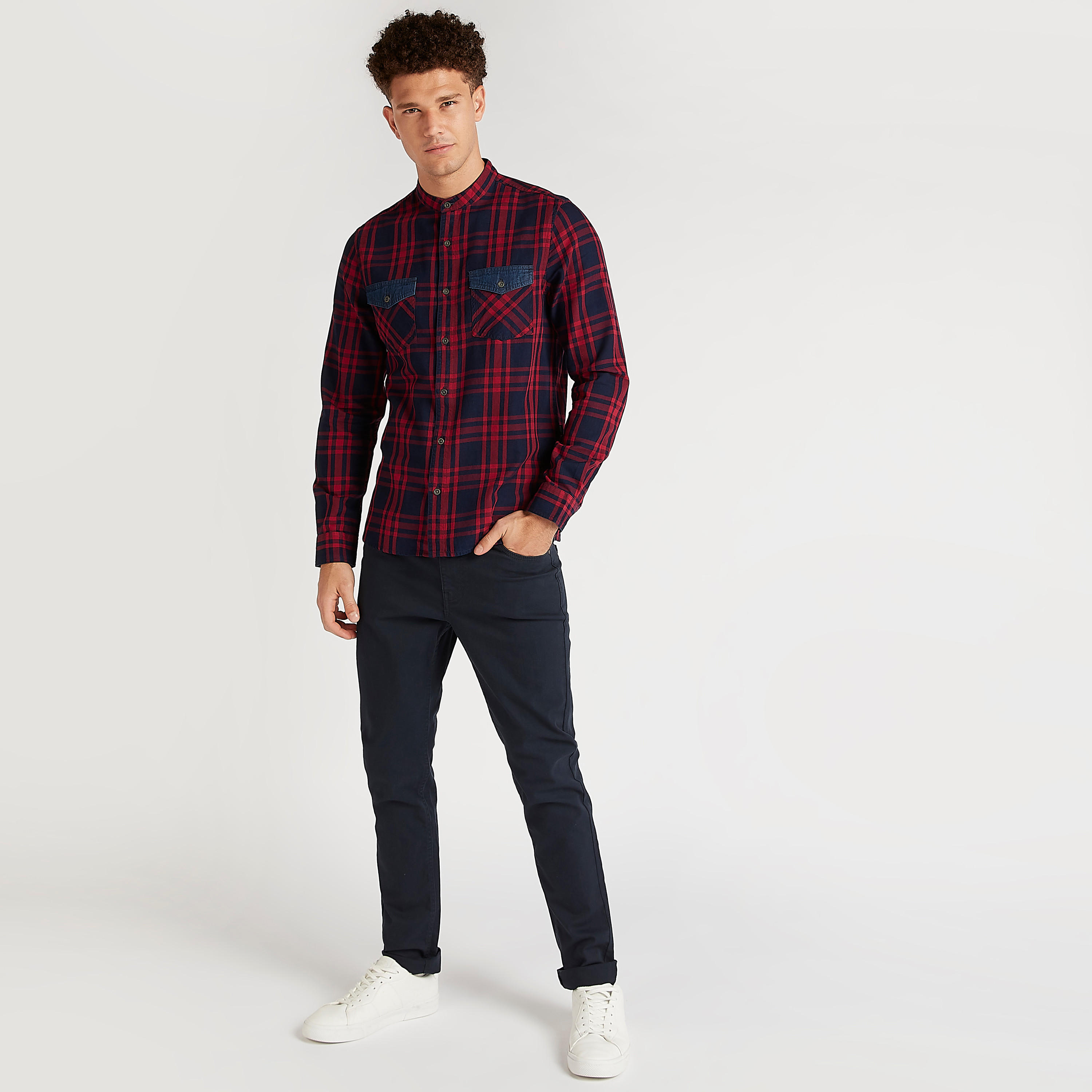قميص كاروهات بياقة ماندرين وجيوب على الصدر-men-clothing-shirts-image-2