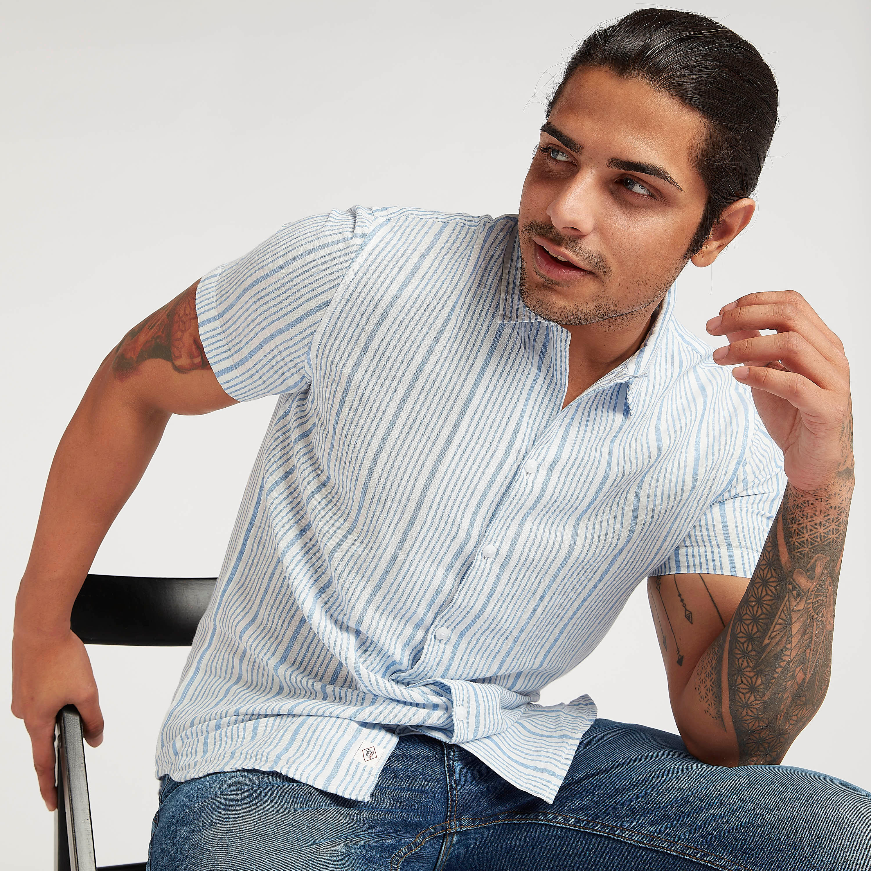 قميص مخطّط بأكمام قصيرة من لي كوبر-men-clothing-shirts-image-2