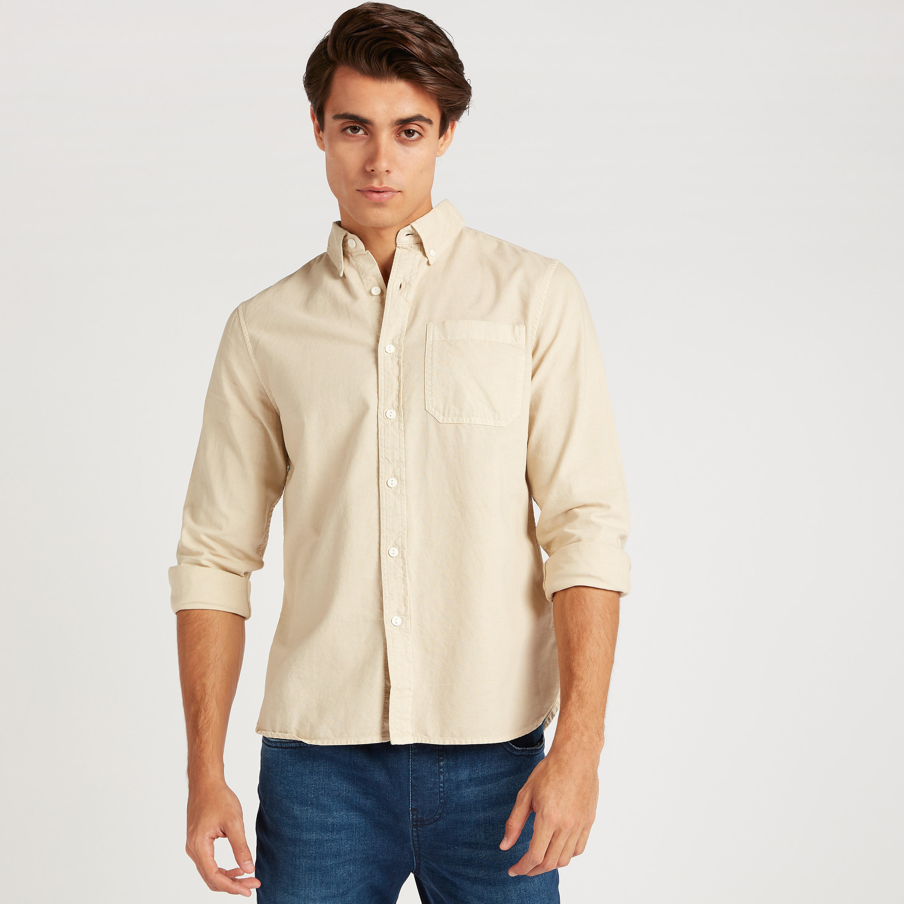 Lee Cooper Solid Oxford Shirt with Long Sleeves and Chest Pocket-men-clothing-shirts-image-1
