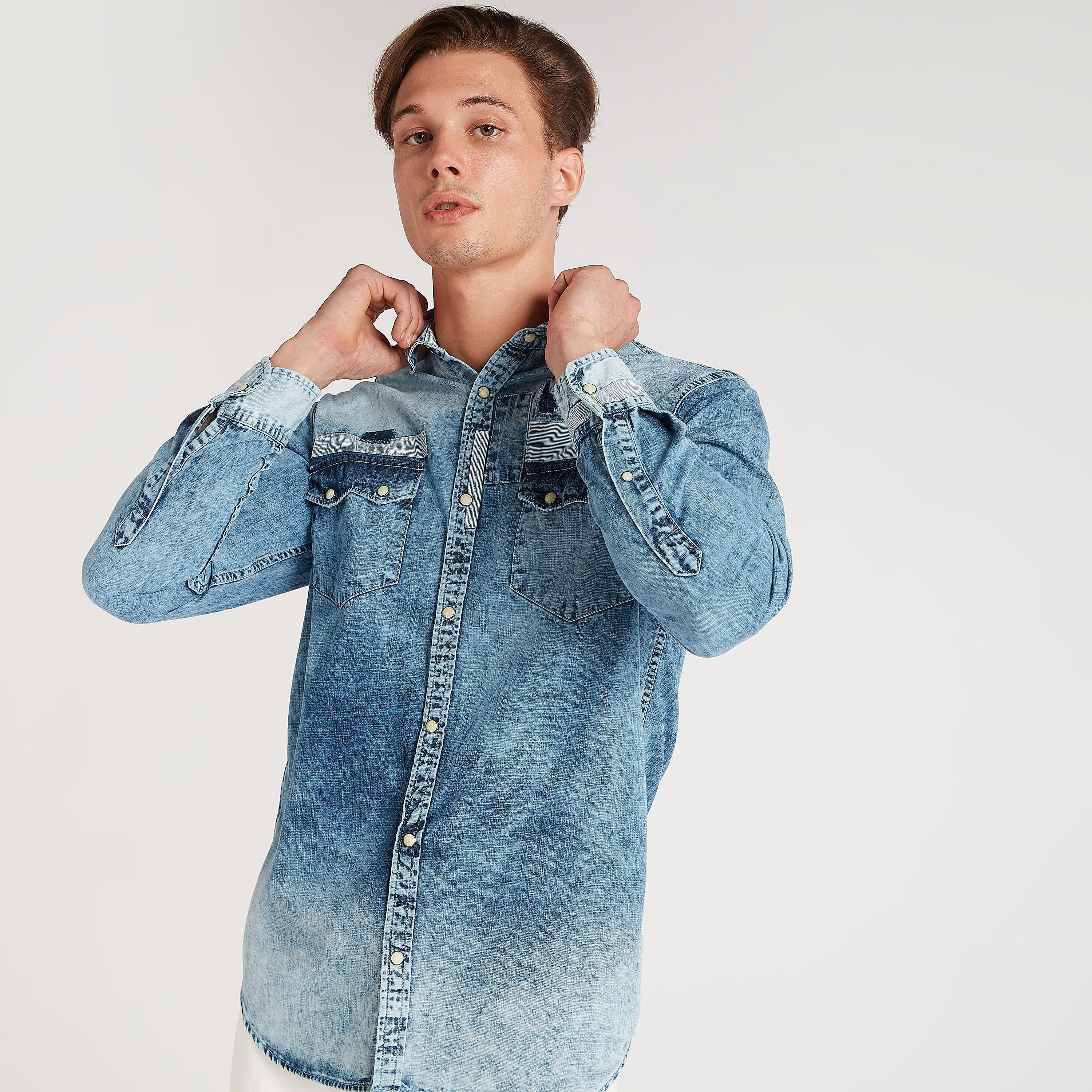 Lee Cooper Textured Denim Shirt with Flap Pockets-men-clothing-shirts-image-1