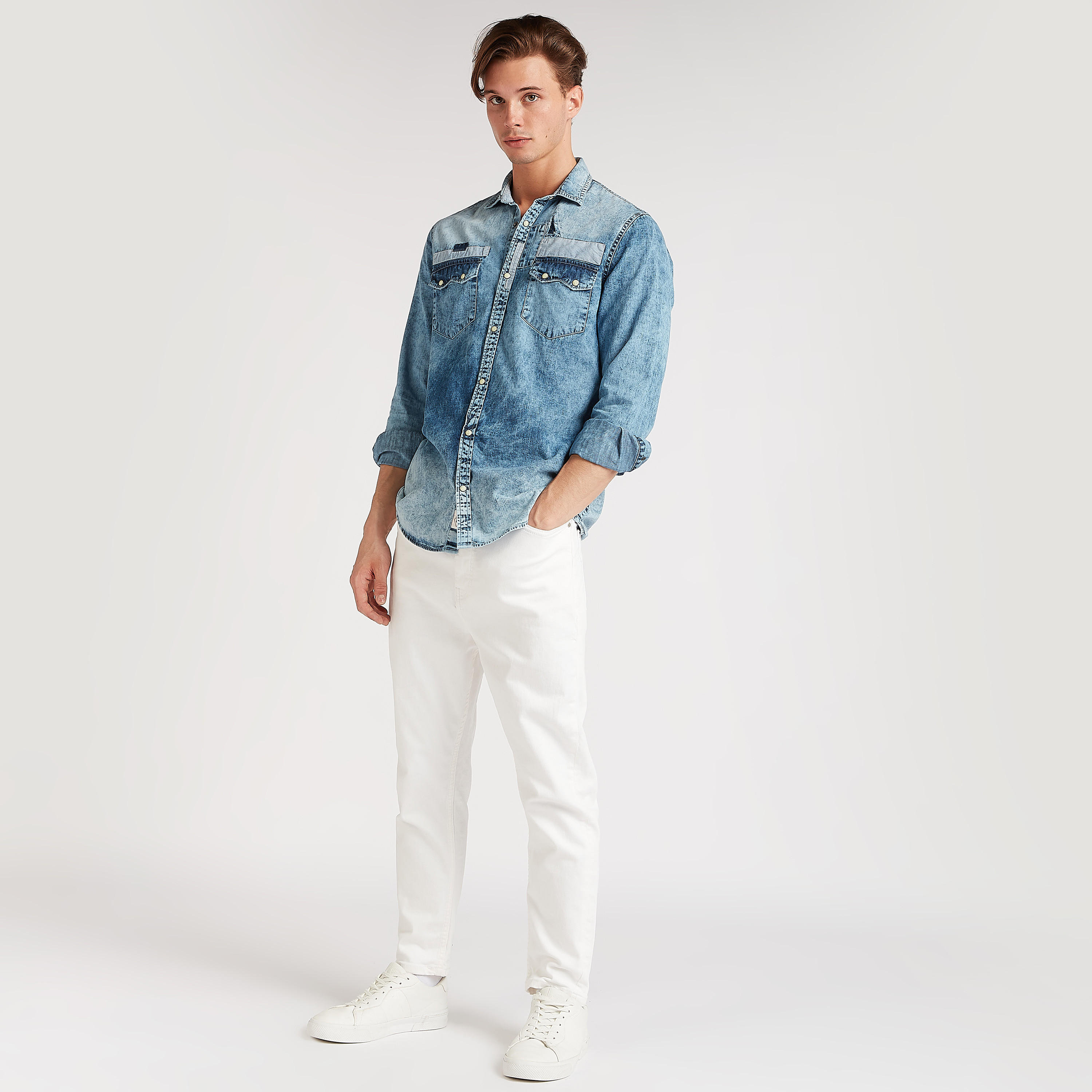 Lee Cooper Textured Denim Shirt with Flap Pockets-men-clothing-shirts-image-2