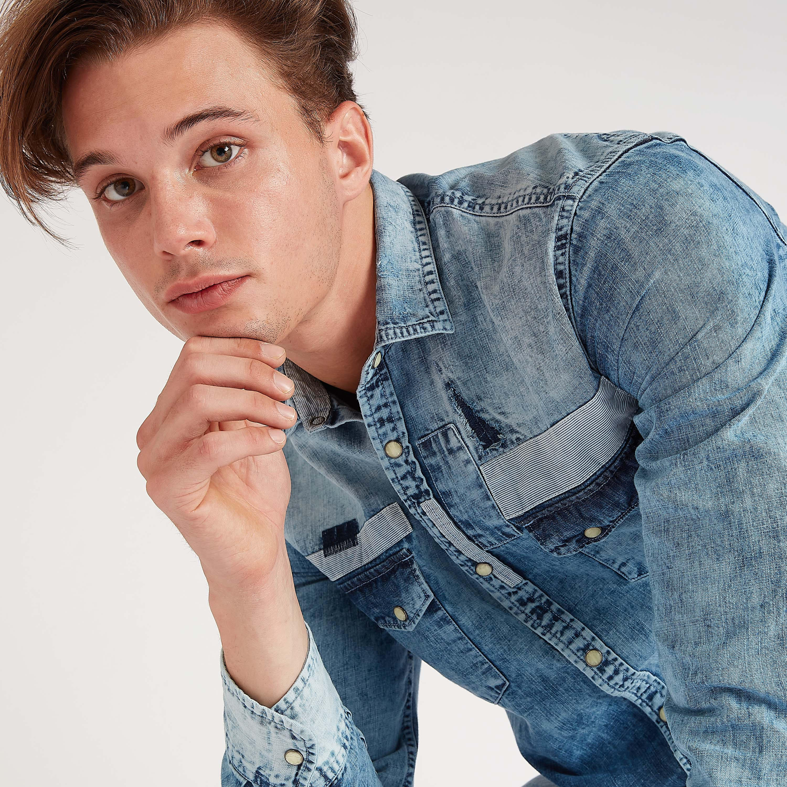Lee Cooper Textured Denim Shirt with Flap Pockets-men-clothing-shirts-image-7