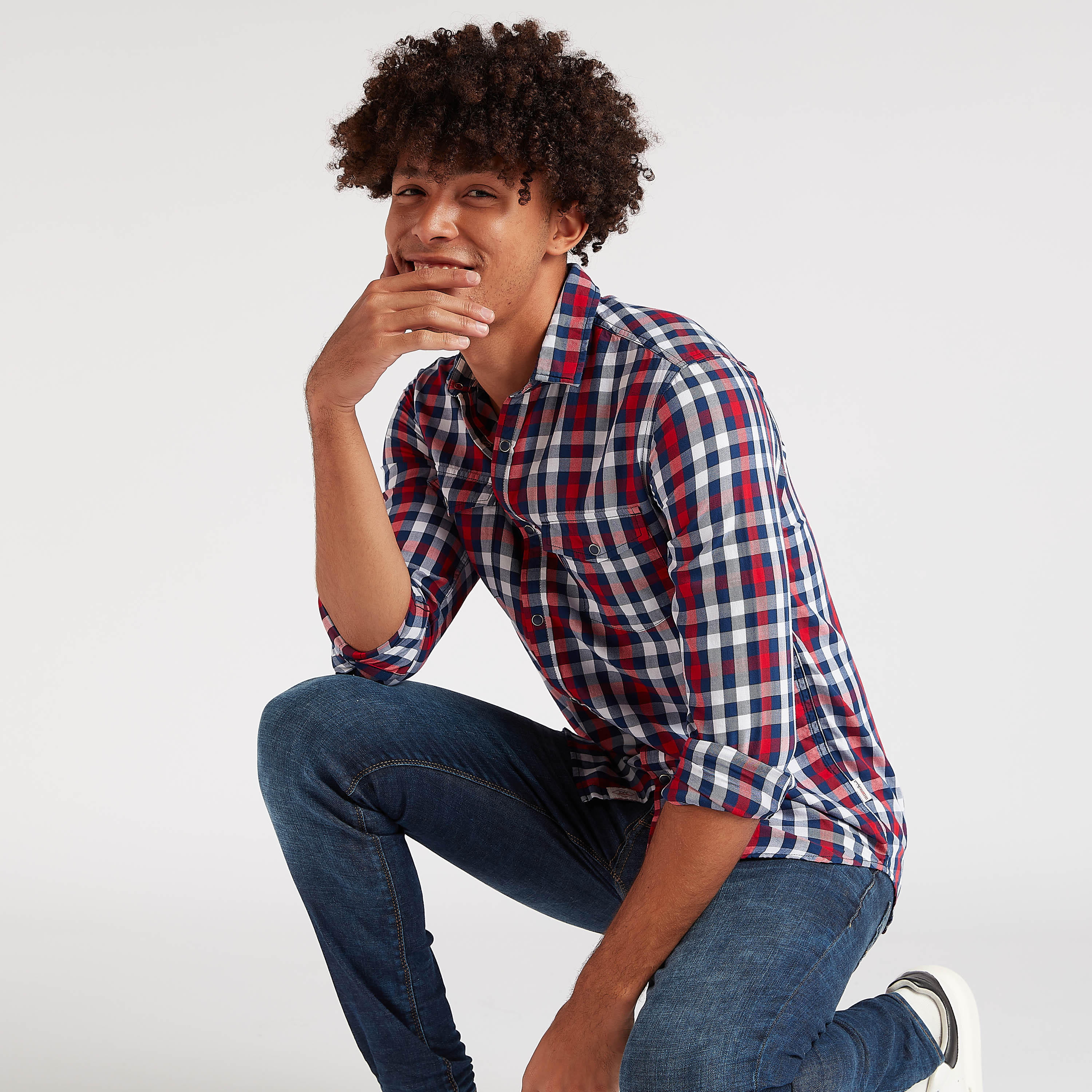 Checked Shirt with Chest Pockets and Long Sleeves-men-clothing-shirts-image-2